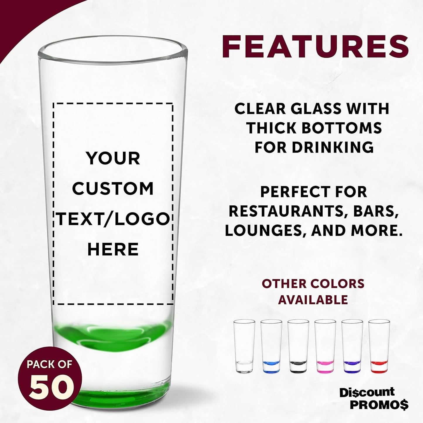Custom Cordial Shooter Shot Glasses 2 oz. Set of 50, Personalized Bulk Pack - Great for Birthdays, Parties, Indoor & Outdoor Events - Green