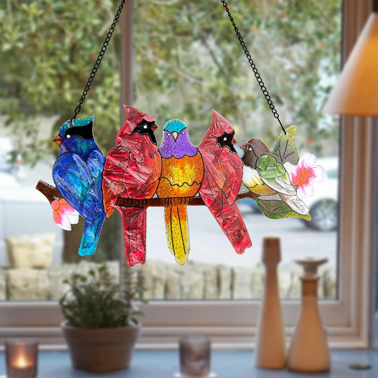 Stained Glass Window Hanging - Large Stained Glass Birds on Branch, Birds Sun Catchers Indoor Window with Chain and Hook Gifts for Bird Lover, Mom, Grandma, Stocking Stuffers for Women