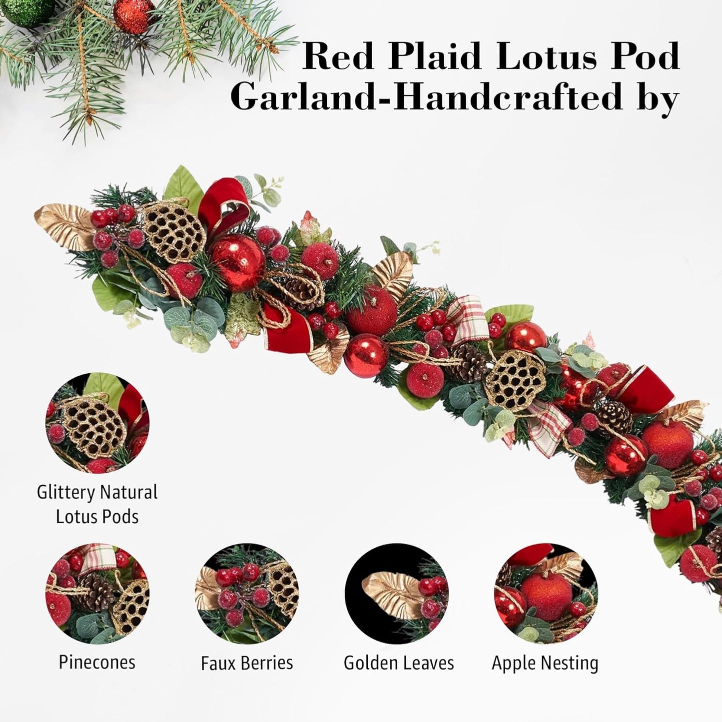 5 ft Christmas Garland for Mantle for Stairs Railing, Banister, Staircase, Fireplace, for Table No Light, Garland Decor Frosted Red Poinsettia Holiday Tree (Red Plain Lotus Pod Garland)