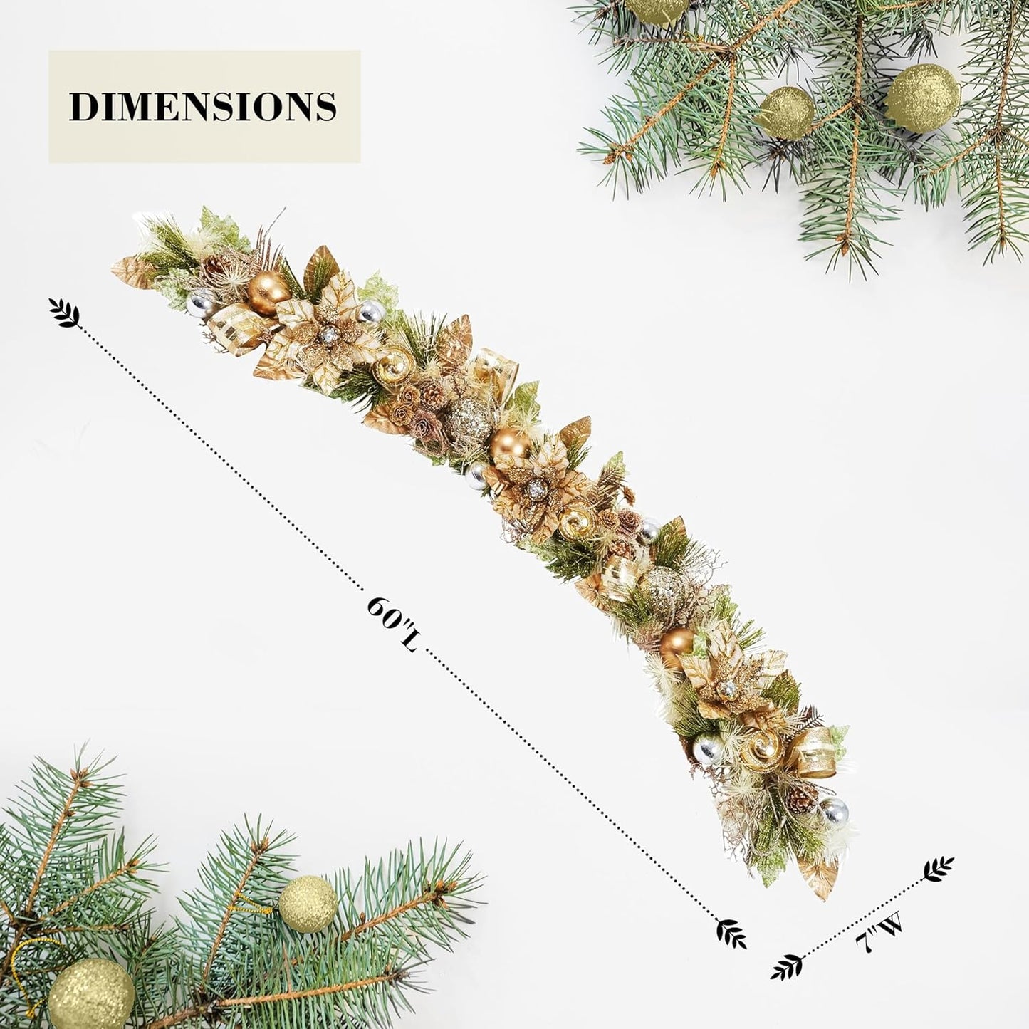 5 ft Christmas Garland for Mantle Unlit Garland for Stairs Railing, Banister, Staircase, Fireplace, for Table No Light, Garland Decor Frosted Red Poinsettia Holiday Tree (Glittery Champagne Gold)