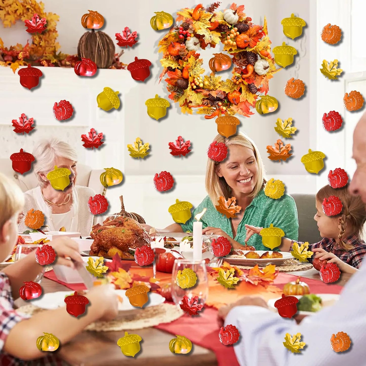 200 Pieces Fall Confetti, Thanksgiving Maple Leaves, Turkey, Pumpkin, Acorn Sprinkles Foil Metallic Table Scatter Confetti for Fall Party