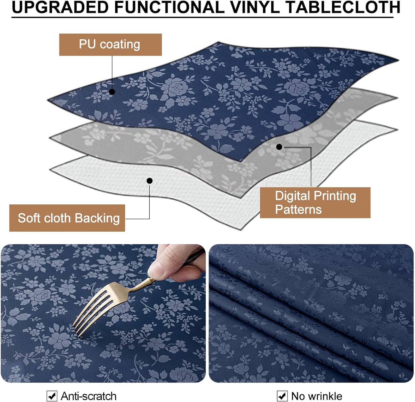 Smiry Rectangle Table Cloth, Waterproof Heavy Duty Vinyl Tablecloths, Wipeable Washable Table Cover for Kitchen and Dining Room (Navy Blue, 60" X 120")
