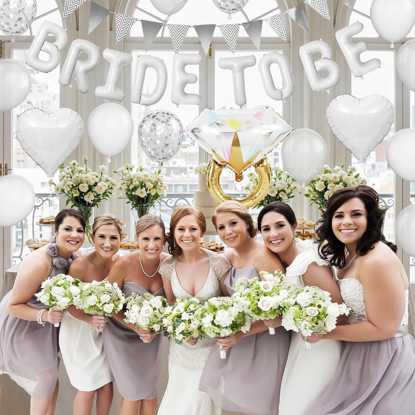 White Bachelorette Party Decorations, White Bride To Be Bridal Shower Balloons Decorations, Silver Confetti Balloon with Diamond Ring Heart Balloon for Bachelorette Engagement Wedding