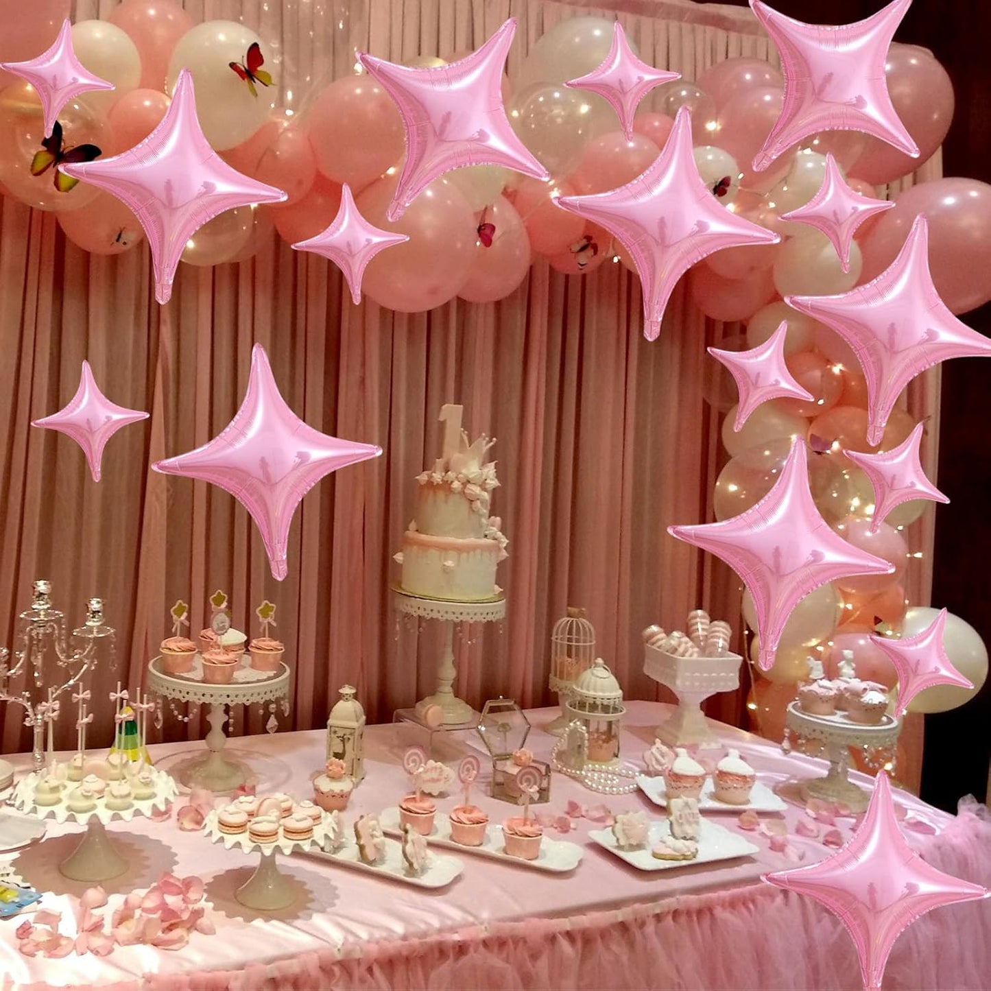 16 Pcs Pink Star Balloons 26 Inch and 10 Inch Four Angle Star Foil Balloons Set for Birthday Baby Shower Wedding Anniversary Party Decorations