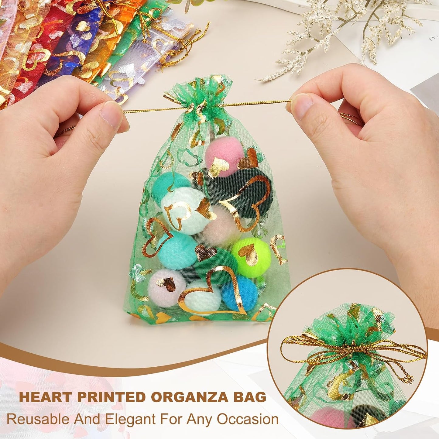 PATIKIL 100 Pcs 4x6 Inch Heart Printed Organza Bags, Red Sheer Heart Organza Bags with Drawstring for Christmas Candy Jewelry Party Wedding Favor Gift