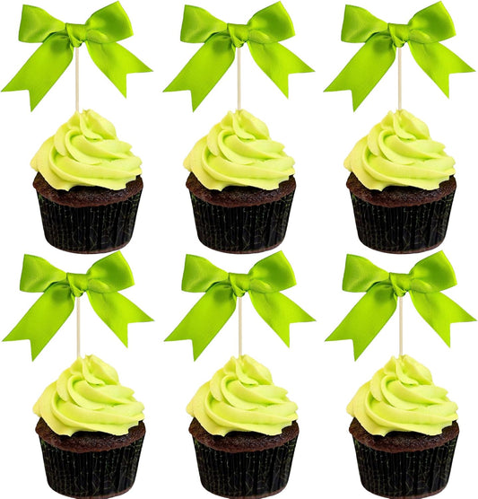 Gyufise 24Pcs Bow Cupcake Toppers Coquette Bow Girls Birthday Cake Decorations Bowknot Cake Toppers Bowknot Cupcake Picks for Baby Shower Birthday Wedding Bridal Engagement Party Supplies Green