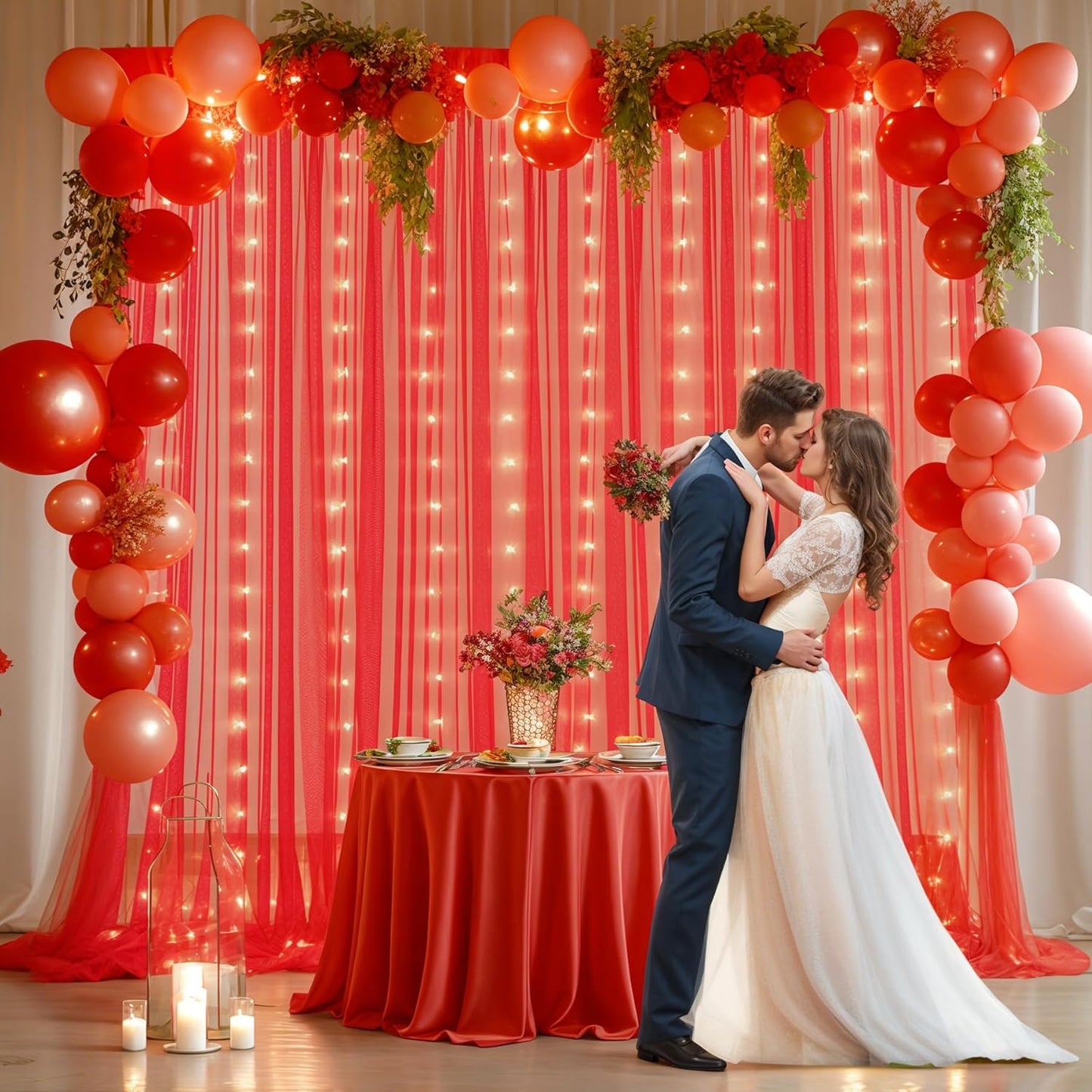 Red Tulle Backdrop Curtain with Lights String for Parites 10x8ft Red Sheer Backdrop Curtains Drapes for Birthday Party Bridal Shower Baby Shower Christmas Wall Photo Booth Background Decorations