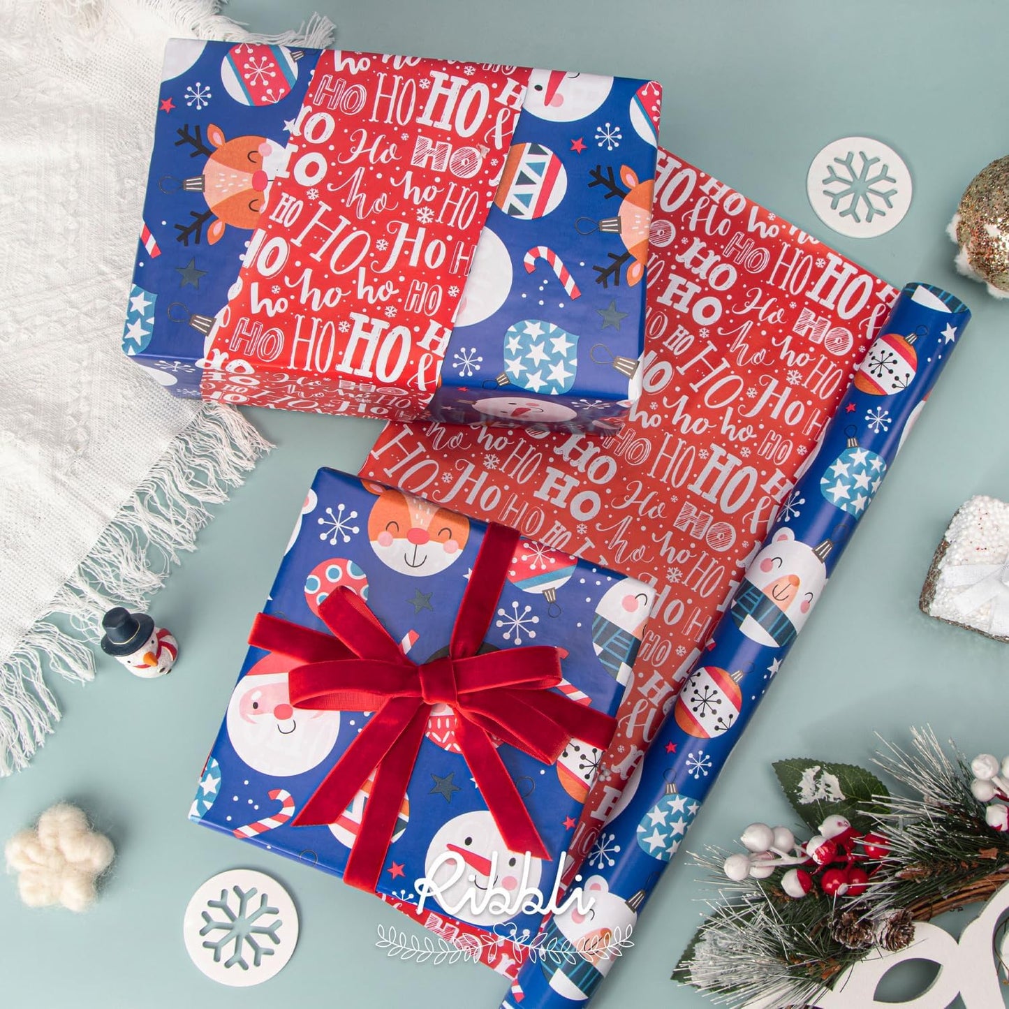 Ribbli Blue Christmas Wrapping Paper Reversible Cute Christmas elements Gift Wrapping Paper Rolls for Kids Holiday Presents Decoration-17 Inch x 33 Feet