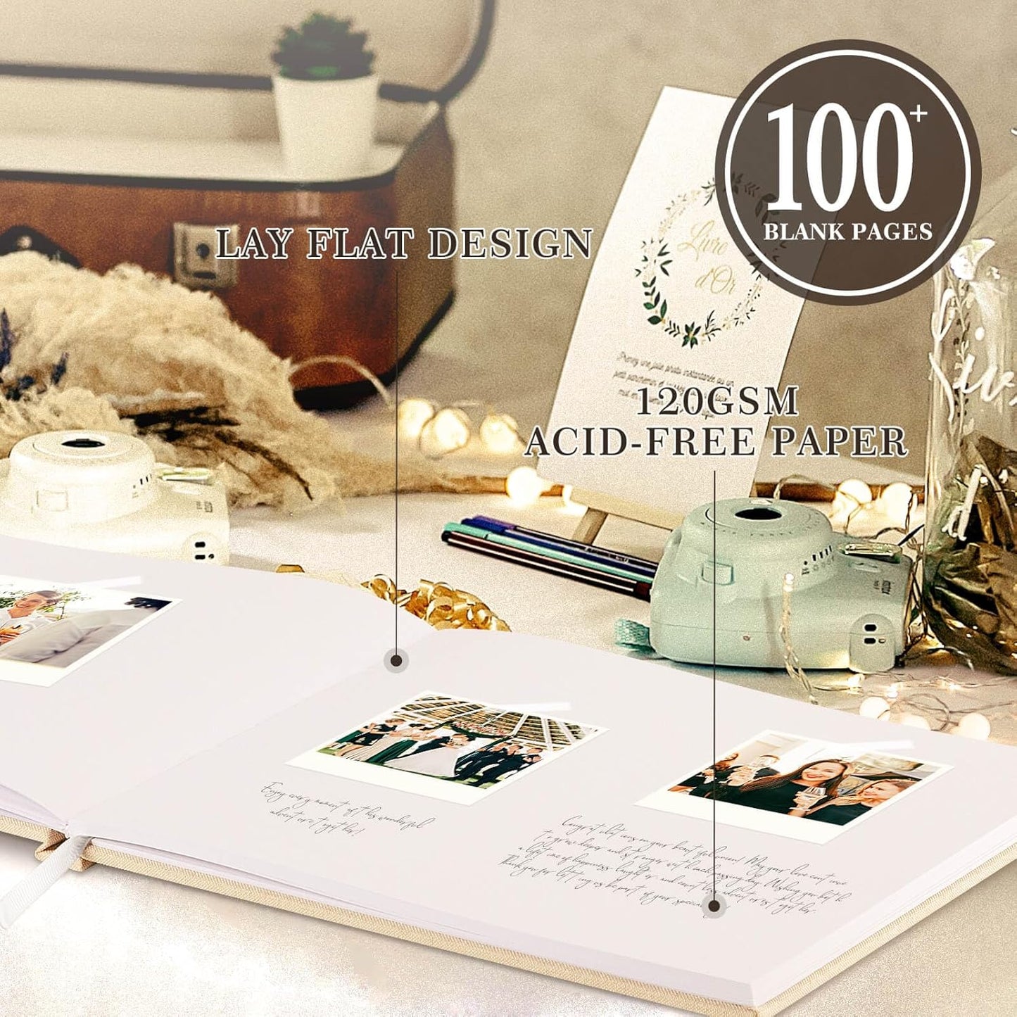 Lanpn Wedding Guest Book 2025 - Linen Graduation Guestbook Wedding Reception with 108 Blank Pages for Sign in and Photos - Polaroid Guest Book for Wedding Bridal Shower Baby Shower Funeral (Black)