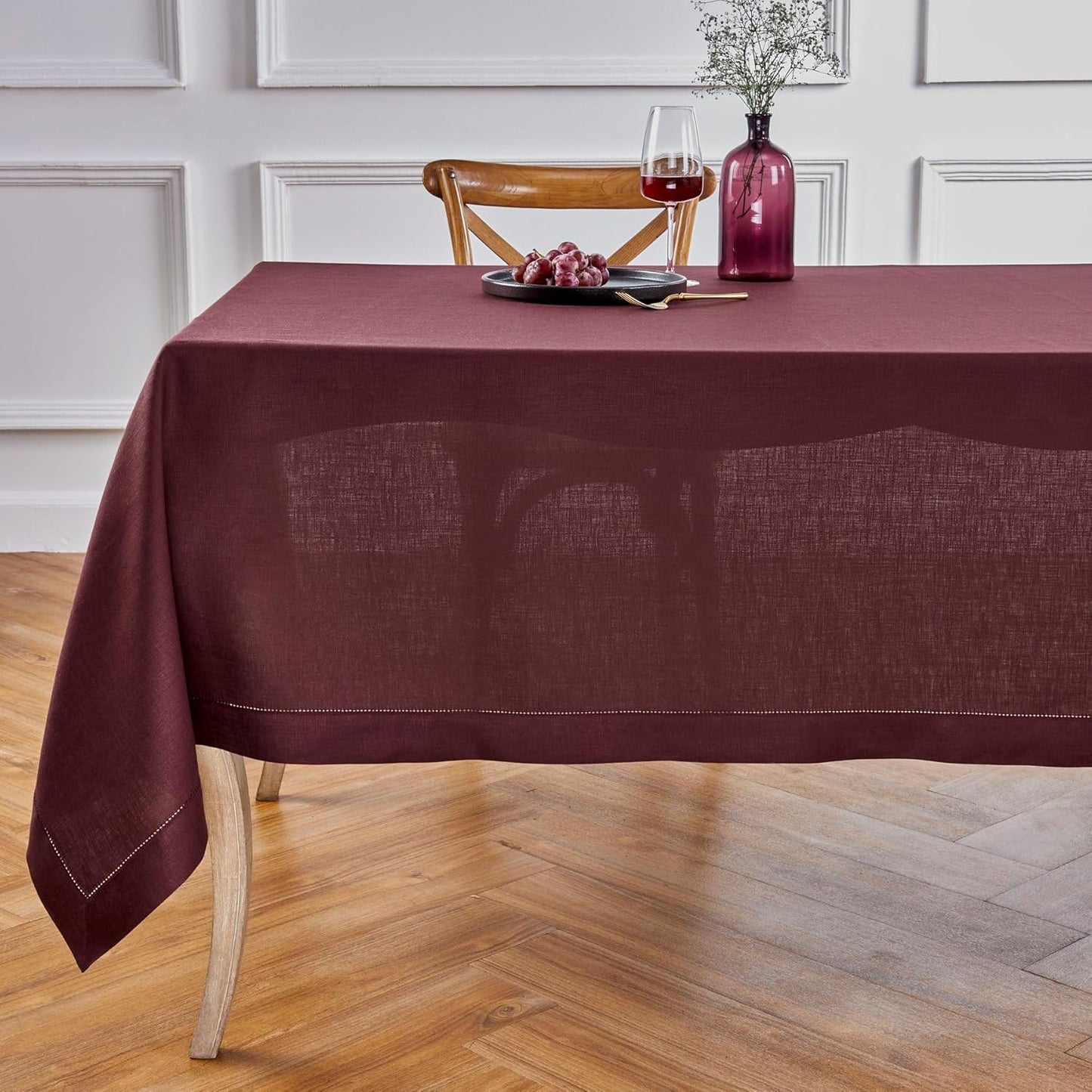 Solino Home Linen Burgundy Tablecloth 60 x 90 Inch - Classic Hemstitch, 100% Pure Linen Rectangular Tablecloth - Machine Washable Table Cloth for Fall, Autumn, Thanksgiving, Christmas, Holiday