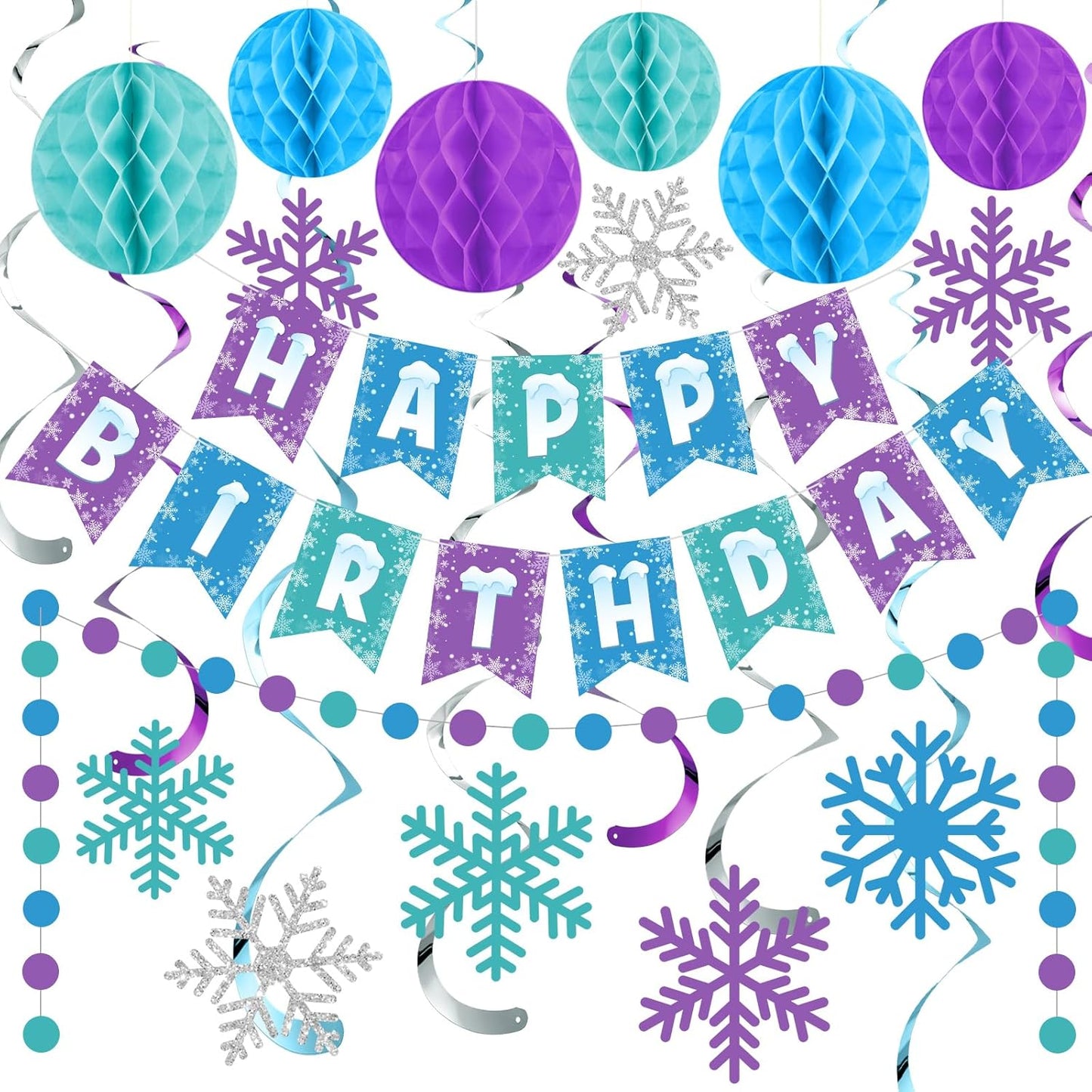 Funrous Snowflake Birthday Decorations Happy Birthday Banner Snowflake Hanging Swirls Honeycomb Balls Circle Dots Garland for Winter Princess Party Supplies