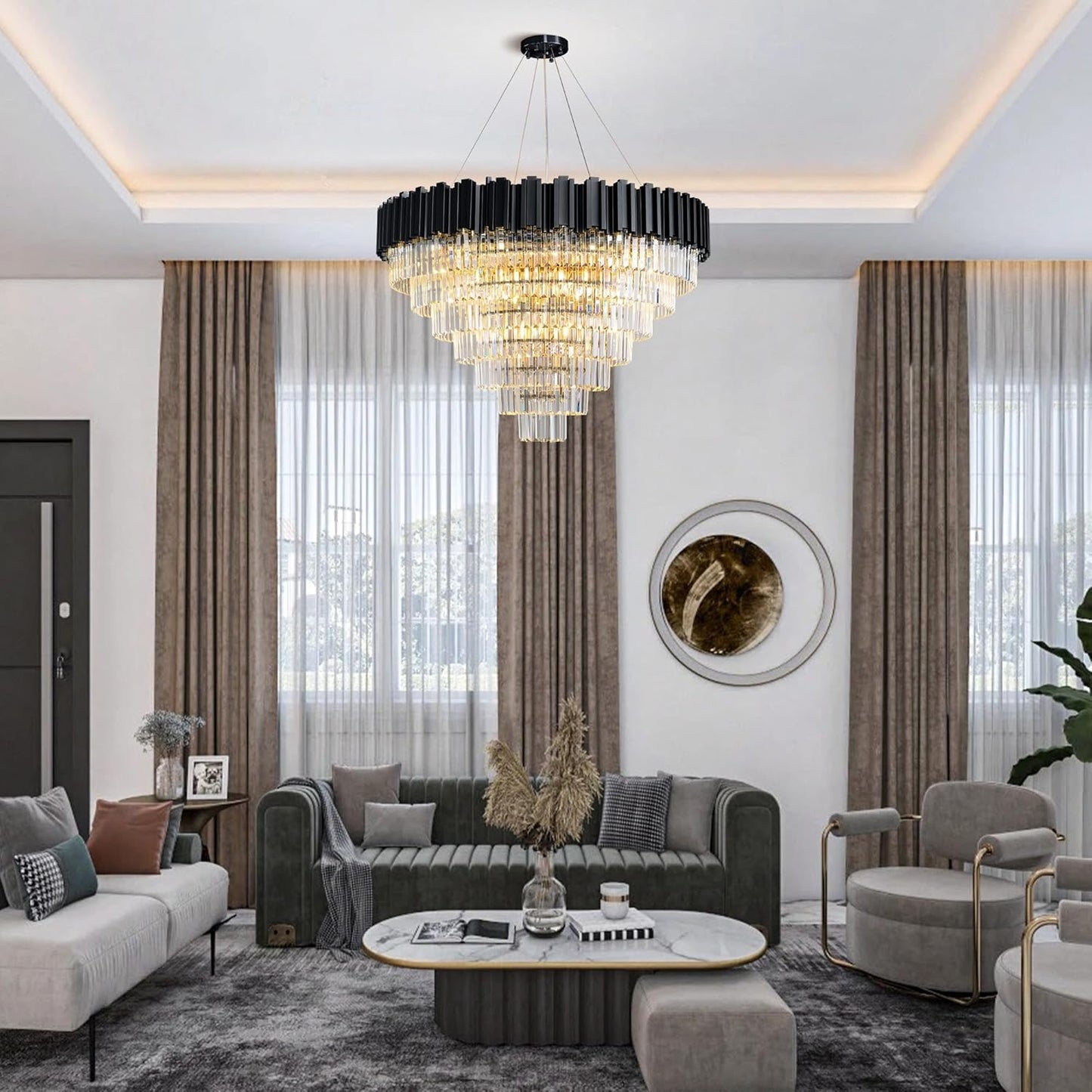 39" Black Crystal Chandelier, 21-Light Modern Luxury Round Chandelier, 7-Tier Contemporary Tiered Chandeliers Light Fixture for Dining Room, Living Room, Bedroom, Foyer, Entryway, Kitchen