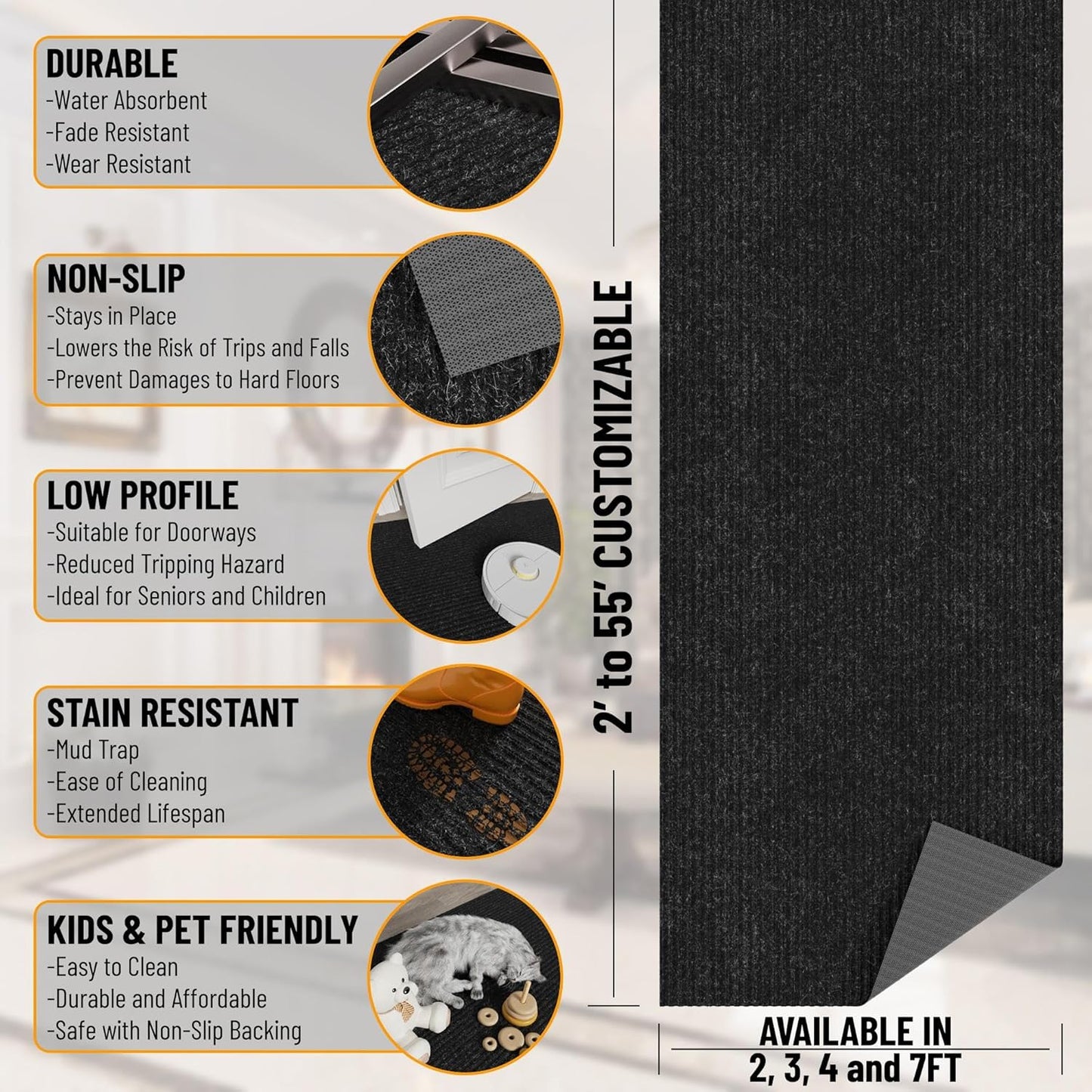 Ottomanson 3'11" x 30' Hallway Runner with Scraper Pile - Extra Durable Non-Slip Rug Mat for Indoor & Outdoor Use - Ideal for Kitchen, Entryway & Garage - High-Traffic Carpet, Black