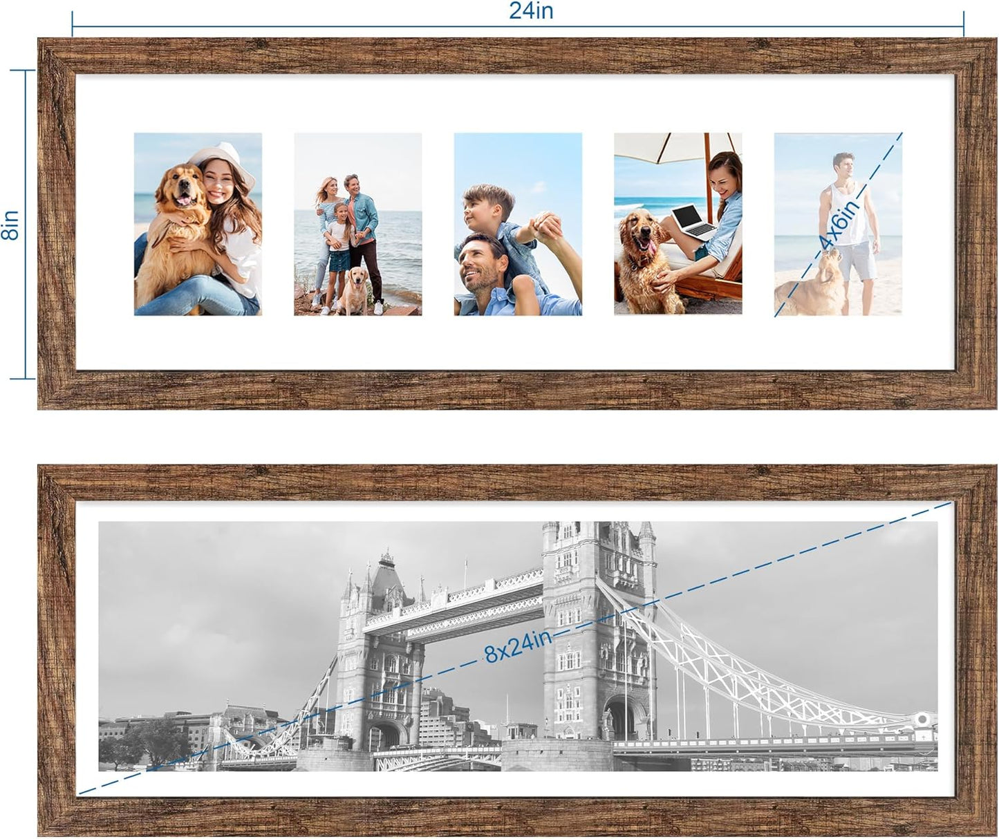 8x24 Picture Frame 2 Pack, Rustic Brown Wood Frame with Tempered Glass, Display Pictures Multiple Five 4x6 With Mat or 8 x 24 Without Mat - Horizontal or Vertical Wall Mounting