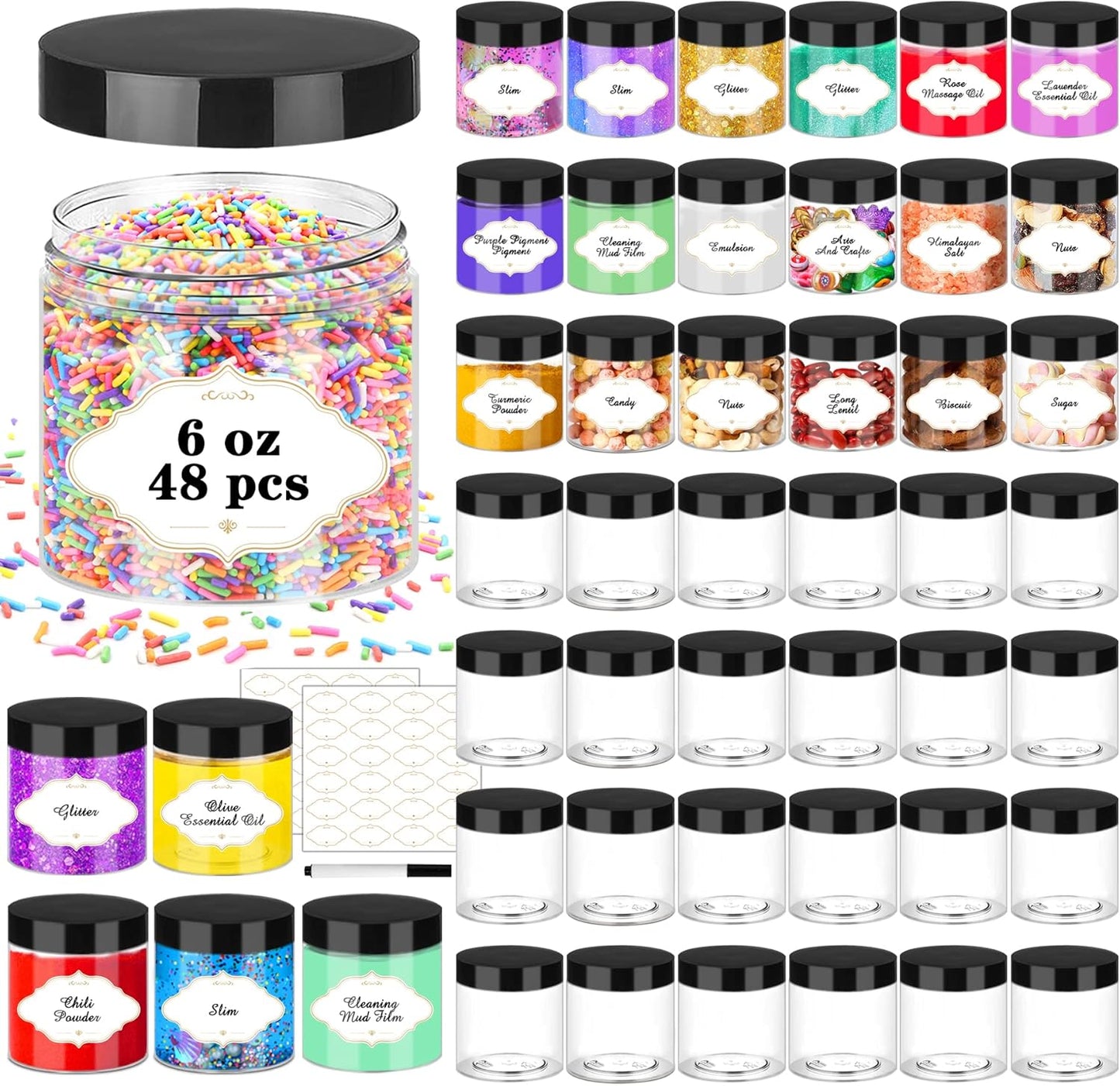 Plastic Jars with Lids, 48 Pcs 6 OZ Slime Containers with Screw On Lids Clear Round Plastic Storage Jars Refillable Container Jar for Travel Storage Home Kitchen Food