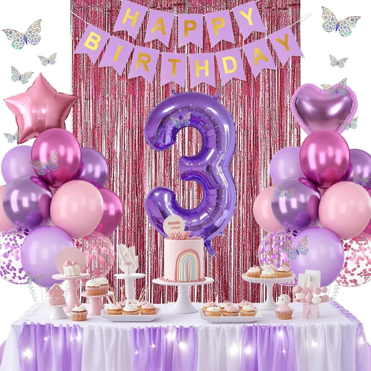 Pink Purple 3rd Birthday Party Decorations for Girls Number 3 Balloon Happy Birthday Banner Butterfly Stickers Fringe Curtain Paper Pom Poms Metallic Hot Pink Star Foil Balloons 3 Year Old Princess