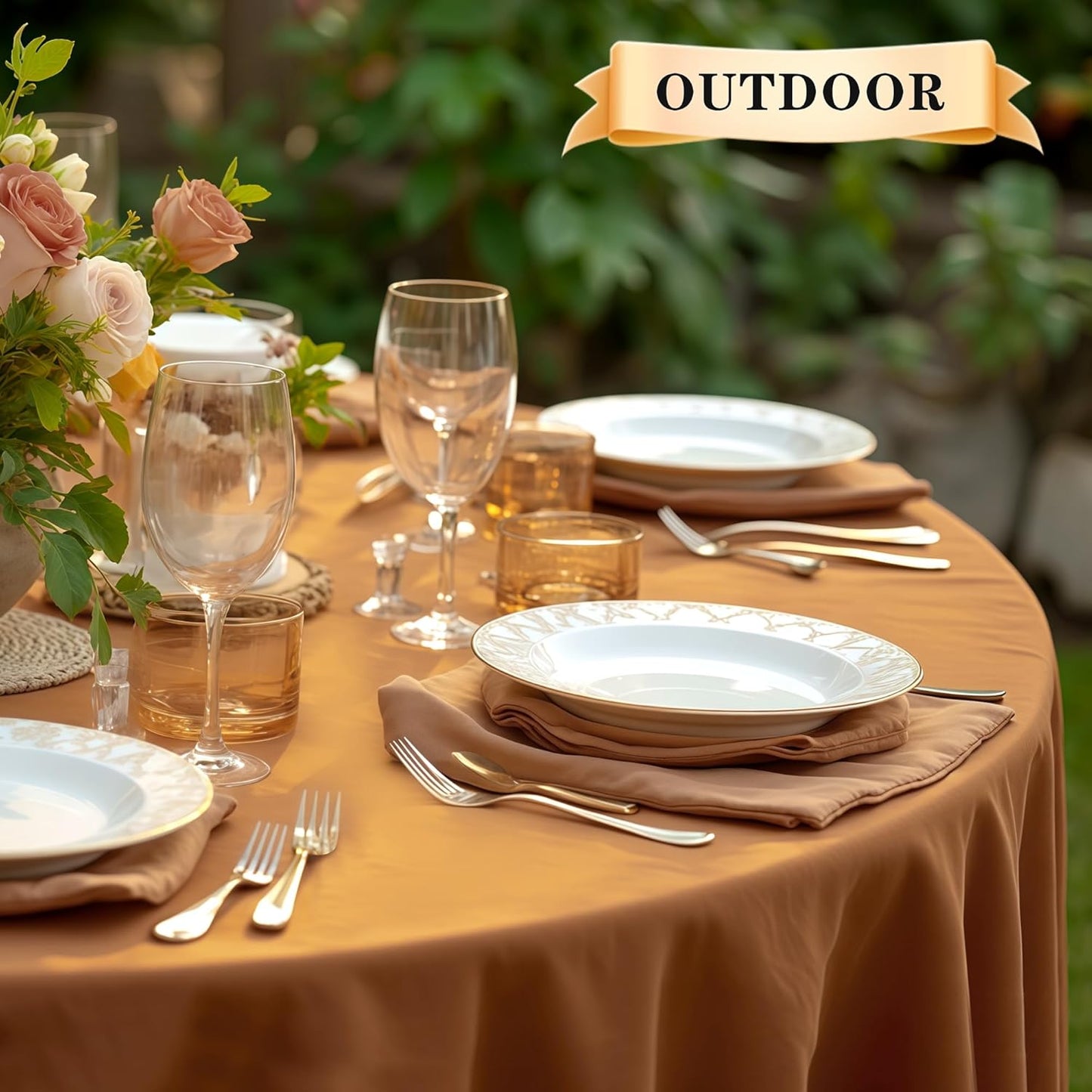 sancua Round Tablecloth 90 Inch - Water Resistant Spill Proof Washable Polyester Fall Table Cloth Decorative Fabric Table Cover for Dining Tables, Thanksgiving Parties and Camping, Bronze