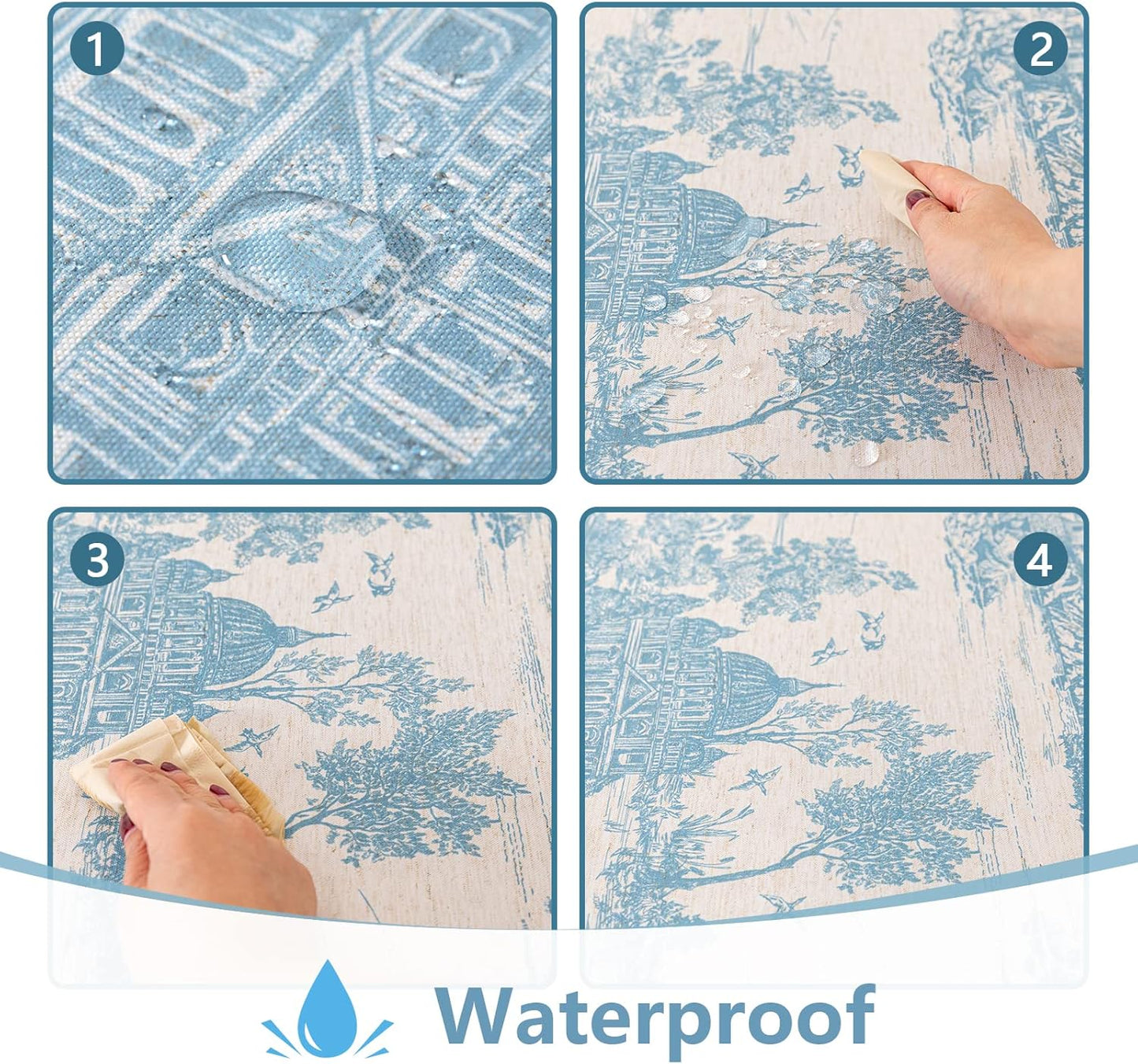 MYSKY HOME Linen Vintage Rectangle Tablecloth 60x84 Inches, Blue Castle Print Table Cloth for Dining Table I Tabletop I Parties/Outdoor I Spring/Summer Waterproof Fabric Farmhouse Tablecloth