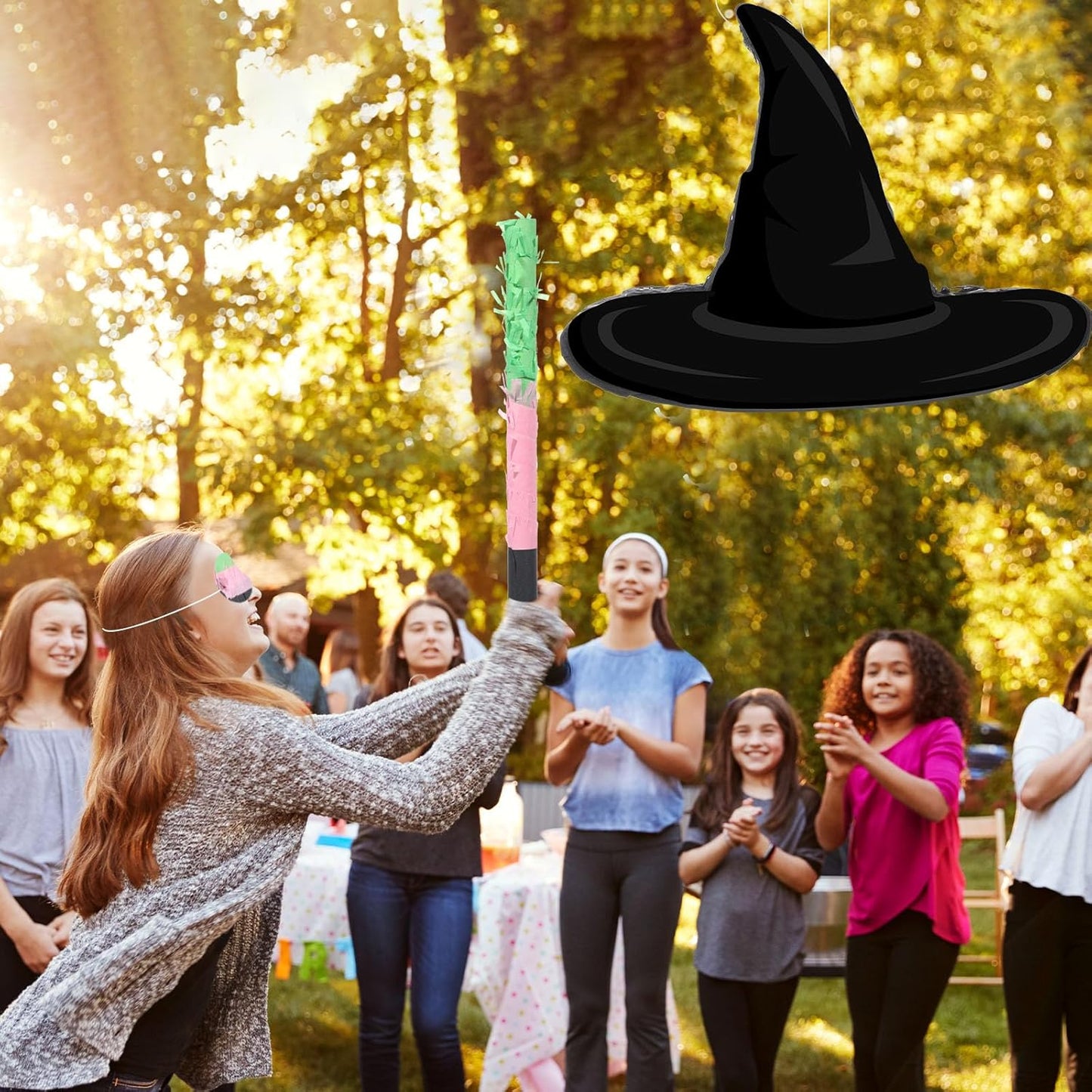 Kasyat Witch Hat Piñata Party Game Set Halloween Theme Piñata with Bat Stick Blindfold Pink Green and Black Party Decor for Halloween Birthday Baby Shower Game Supplies Decor (Witch Hat)