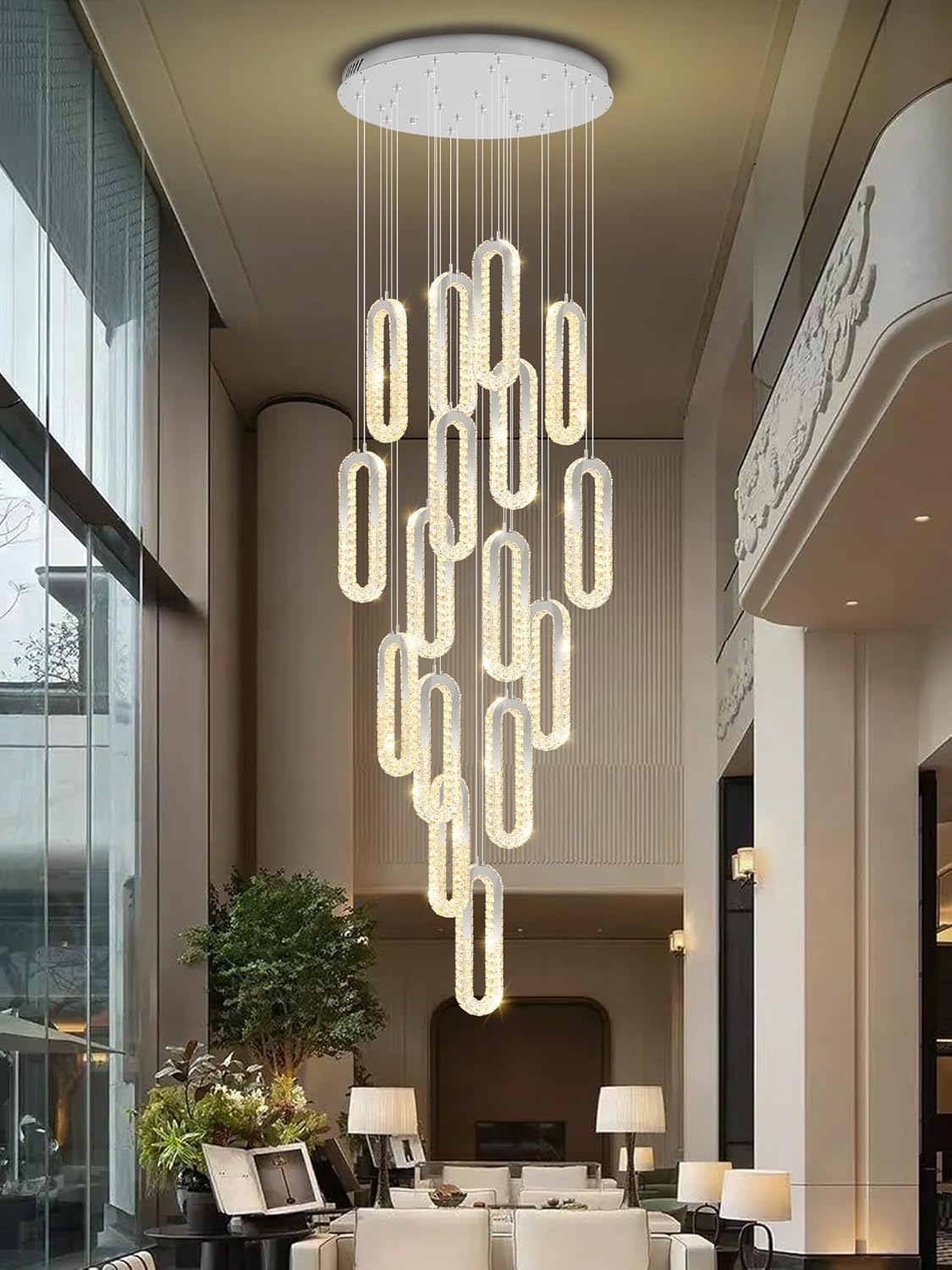 H138 Large Chandelier for High Ceiling,Modern 16-Rings Crystal Chandeliers for Entryway,Silver Pendant Light for Living Room,Foyer,Entryway LED Dimmable Staircase Chandelier