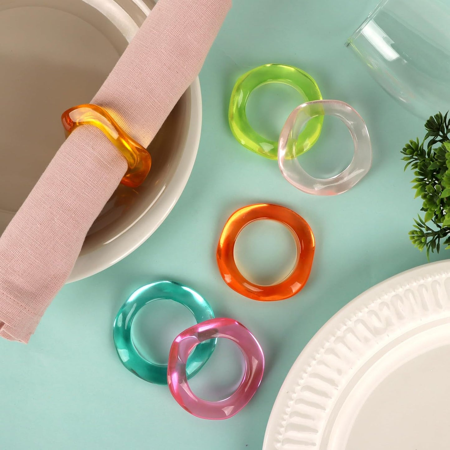 Epoxy Resin Spring Napkin Rings Set of 12 - Irregular Napkin Holders for Dining Table, Party Decor, Weddings, Everyday Use, Elegant Tabletop Accents (Multi Pastel) - CLEENTABLE
