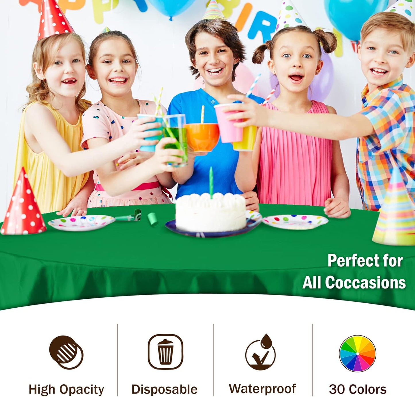 Party Solids 12-Pack Premium Plastic Tablecloth 84in. Round Table Cover - Emerald Green