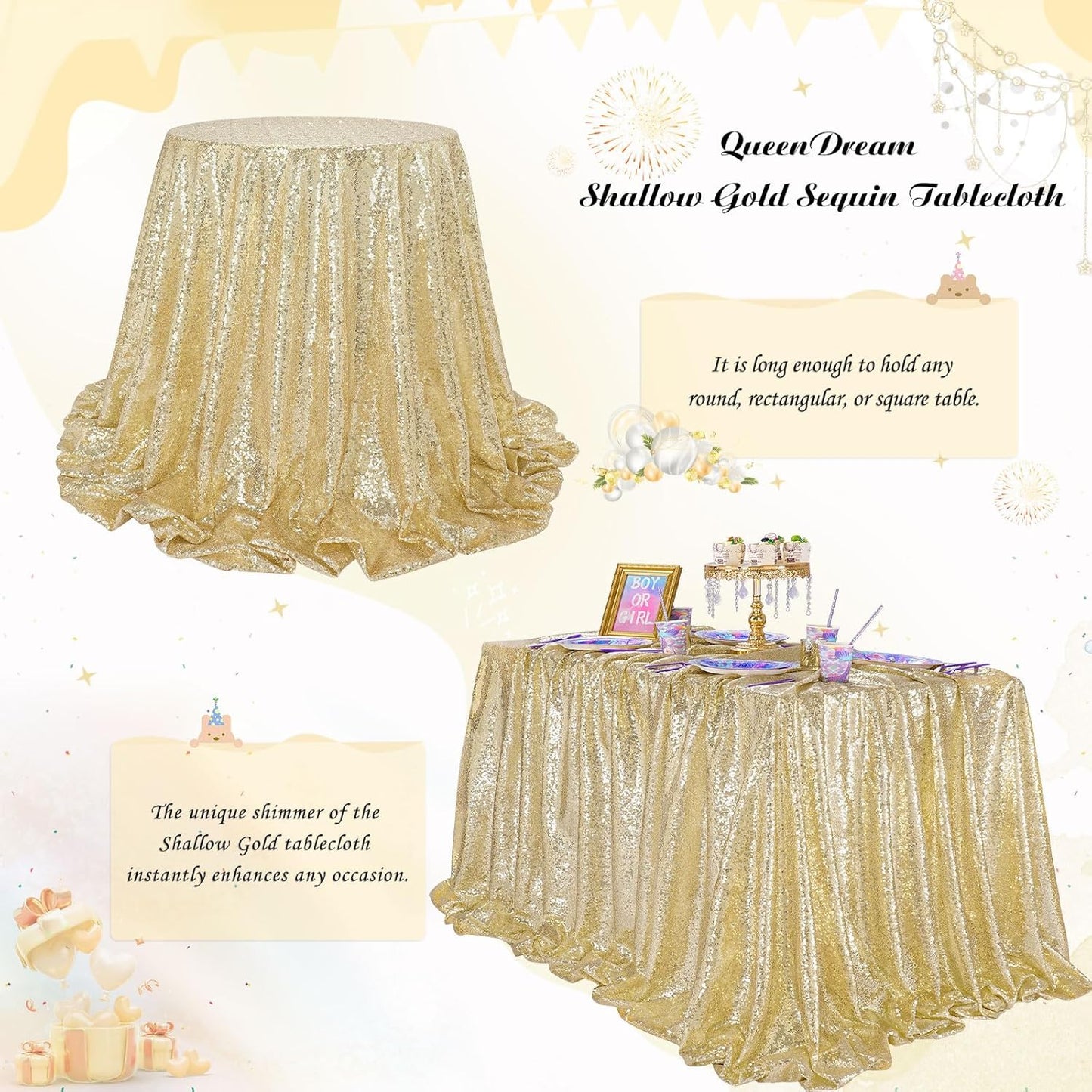 QueenDream Light Gold Tablecloth Party Decorations: Sequin Fabric Cover Drapes 60x102 Inch Tablecloth 16st Birthday Cake Table Graduation Decor