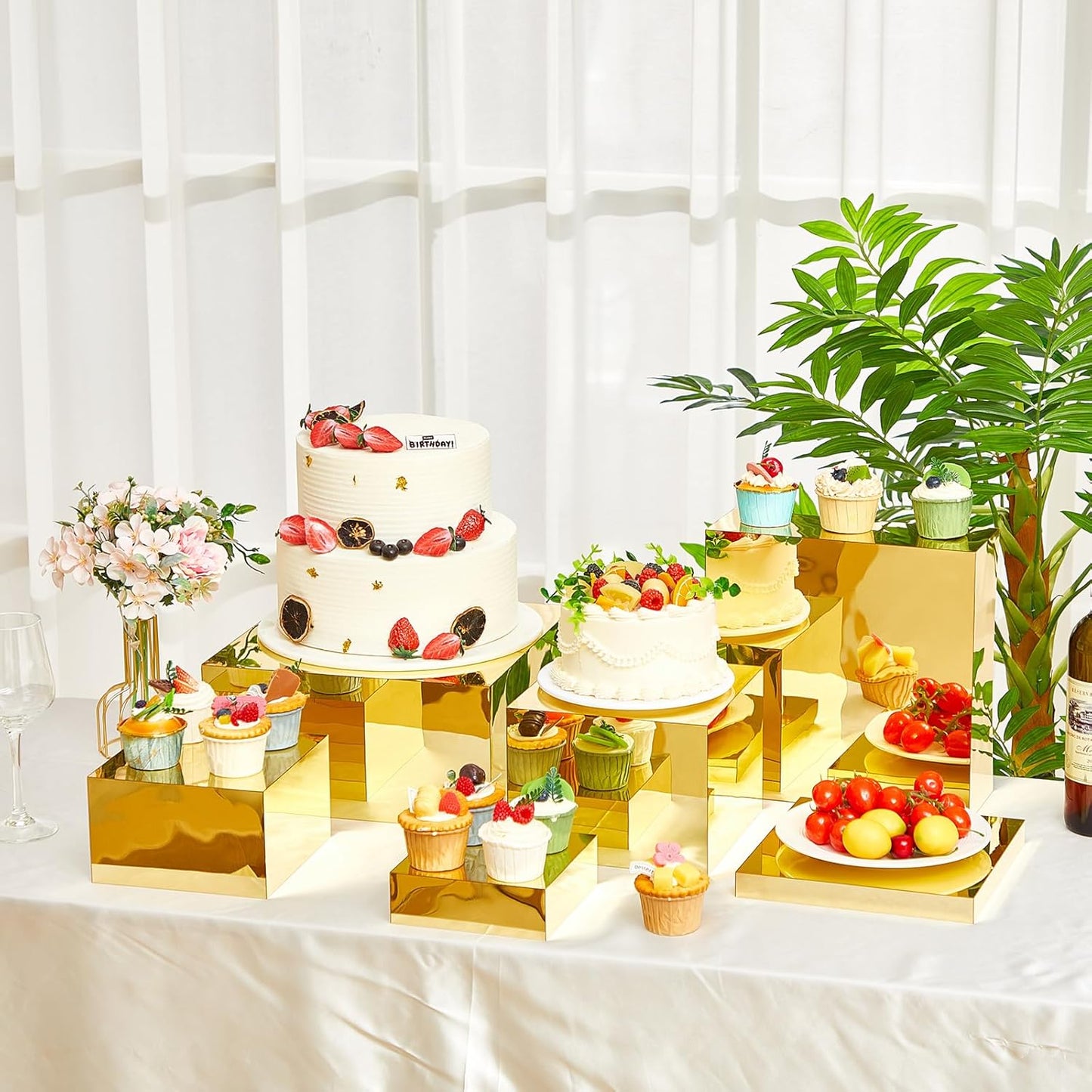 Leinuosen 7 Pcs Large Buffet Risers Set 6" to 12" Acrylic Display Box Catering Dessert Table Riser Food Display Decorative Stand with Hollow Bottom for Catering Supplies(Gold, Square)