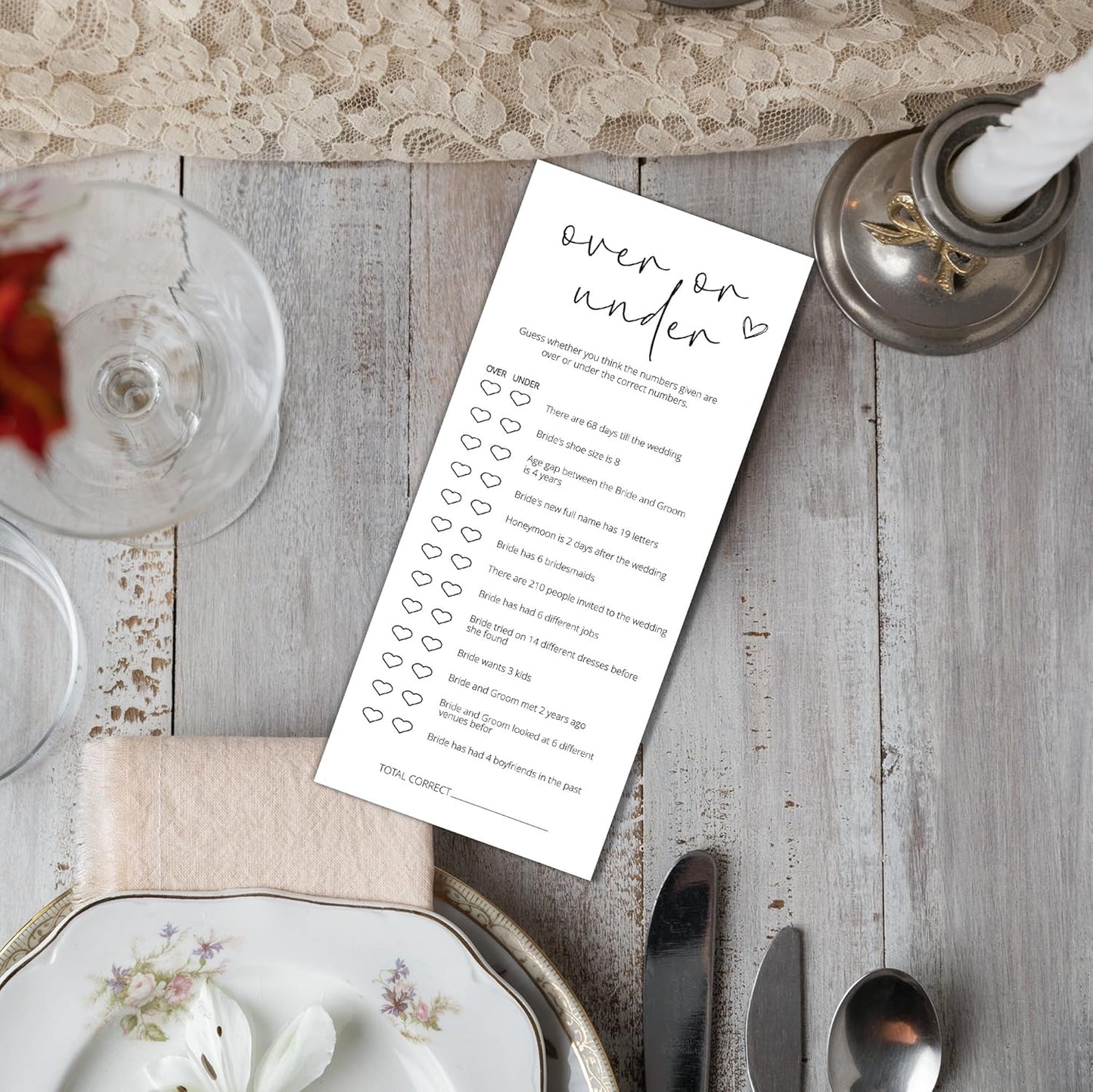 Bridal Shower Games, Over or Under, 25Pcs 4x9inch Minimalist White Double-Sided Bridal Game Cards, Wedding Shower Games for Guests, Engagement Bachelorette Party Supplies - A10