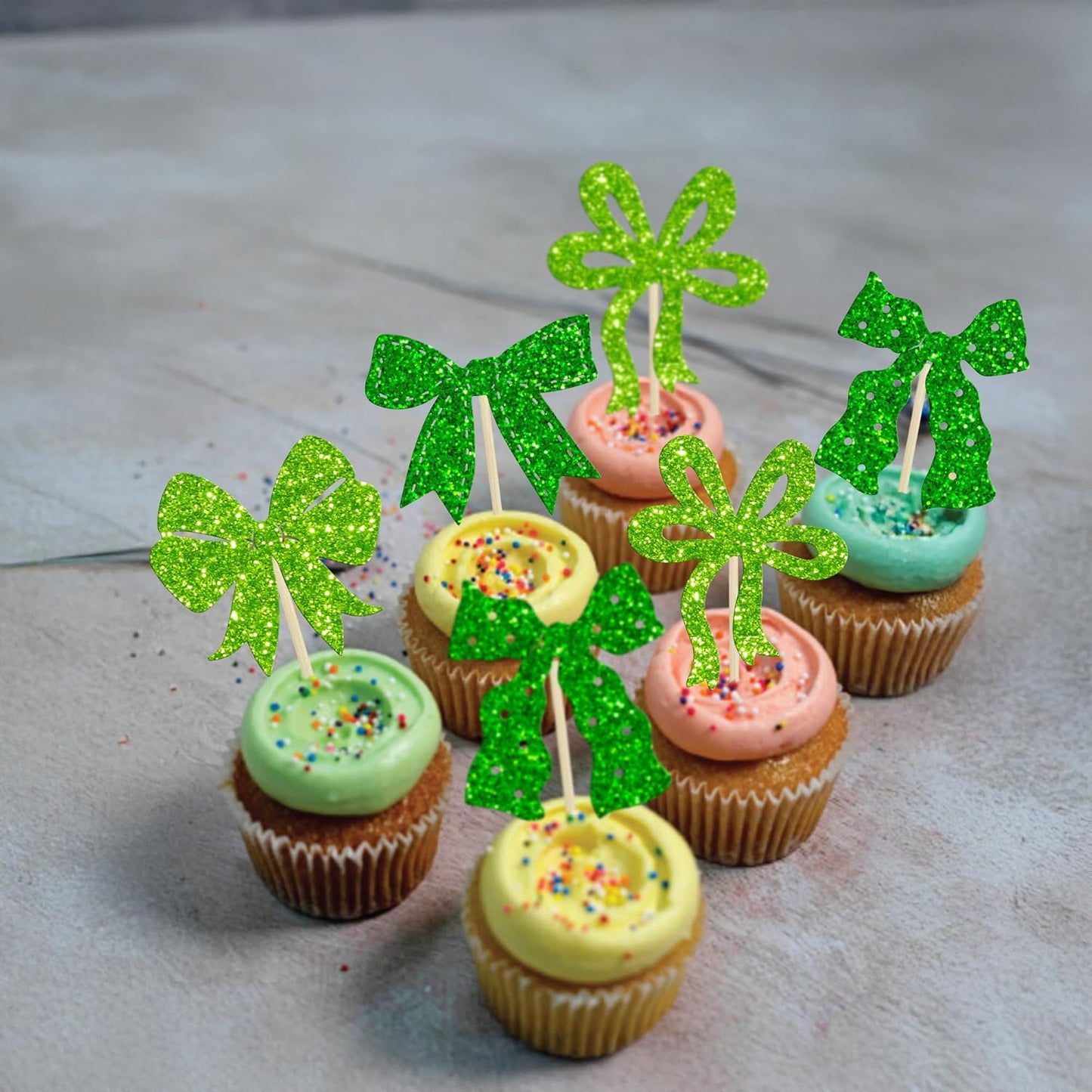 Ephlyn 24Pcs Bow Cupcake Toppers Bow Birthday Cake Topper Girls Birthday Party Decorations Bowknot Cupcake Decorations for Bridal Baby Shower Birthday Wedding Themed Party Green