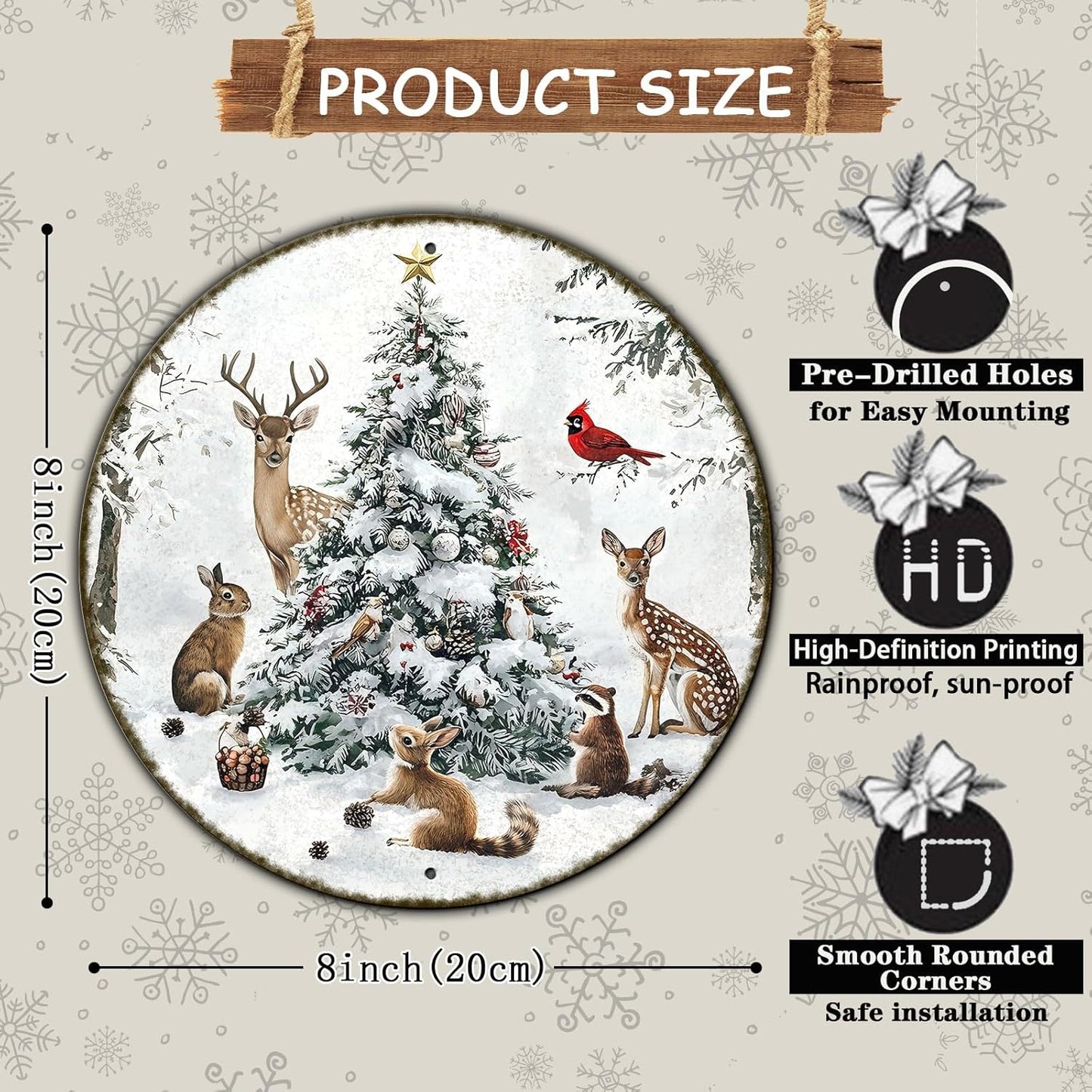 Round Christmas Snow Animals Metal Tin Sign - Vintage Christmas Tree & Winter Sign for Home & Outdoor Decorations - 8 * 8 in