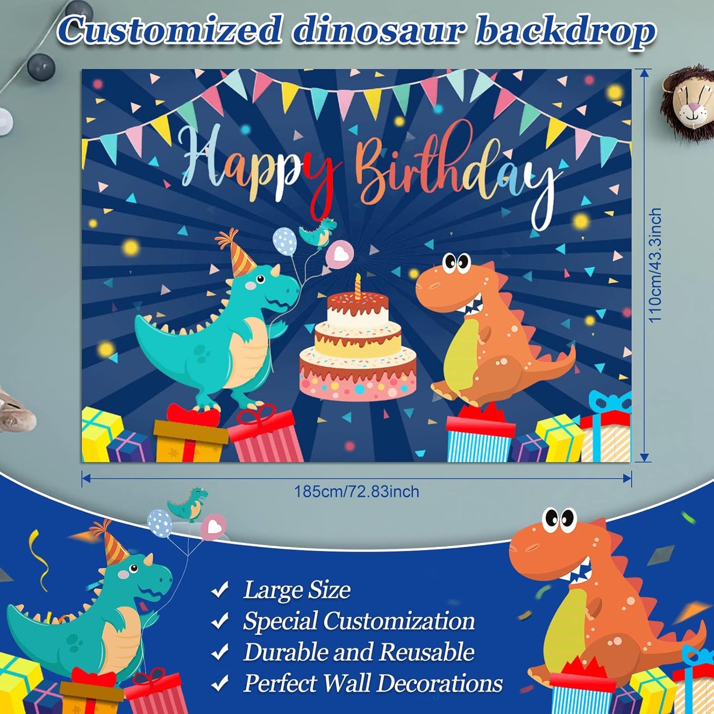 265 PCS Dinosaur Party Decorations, Blue Dinosaur Birthday Party Supplies for Boys Include Dino Balloons, Customized Backdrop, Happy Birthday Banner, Tablecloth, Plates, Cake Toppers