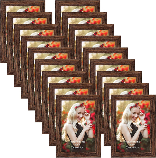 PETAFLOP Wooden Bulk 4x6 Picture Frame Set of 18, Rustic Brown Photo Frames Fits 4 by 6 for Wall or Tabletop Display