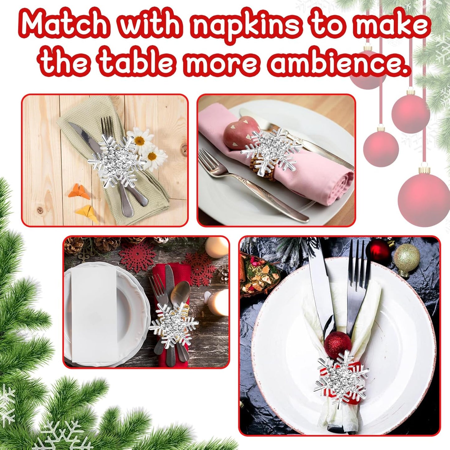 Halatool Christmas Napkin Rings Set of 12, Silver Snowflake with White Rhinestone Napkin Holder for Christmas Thanksgiving Winter Holiday Place Setting, Weddings, Party Table Decoration