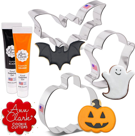 Halloween Cookie Cutters and Decorating 5-Pc. Set Made in USA by Ann Clark, Pumpkin, Ghost, Bat, Orange & Super Black Food Coloring Gel