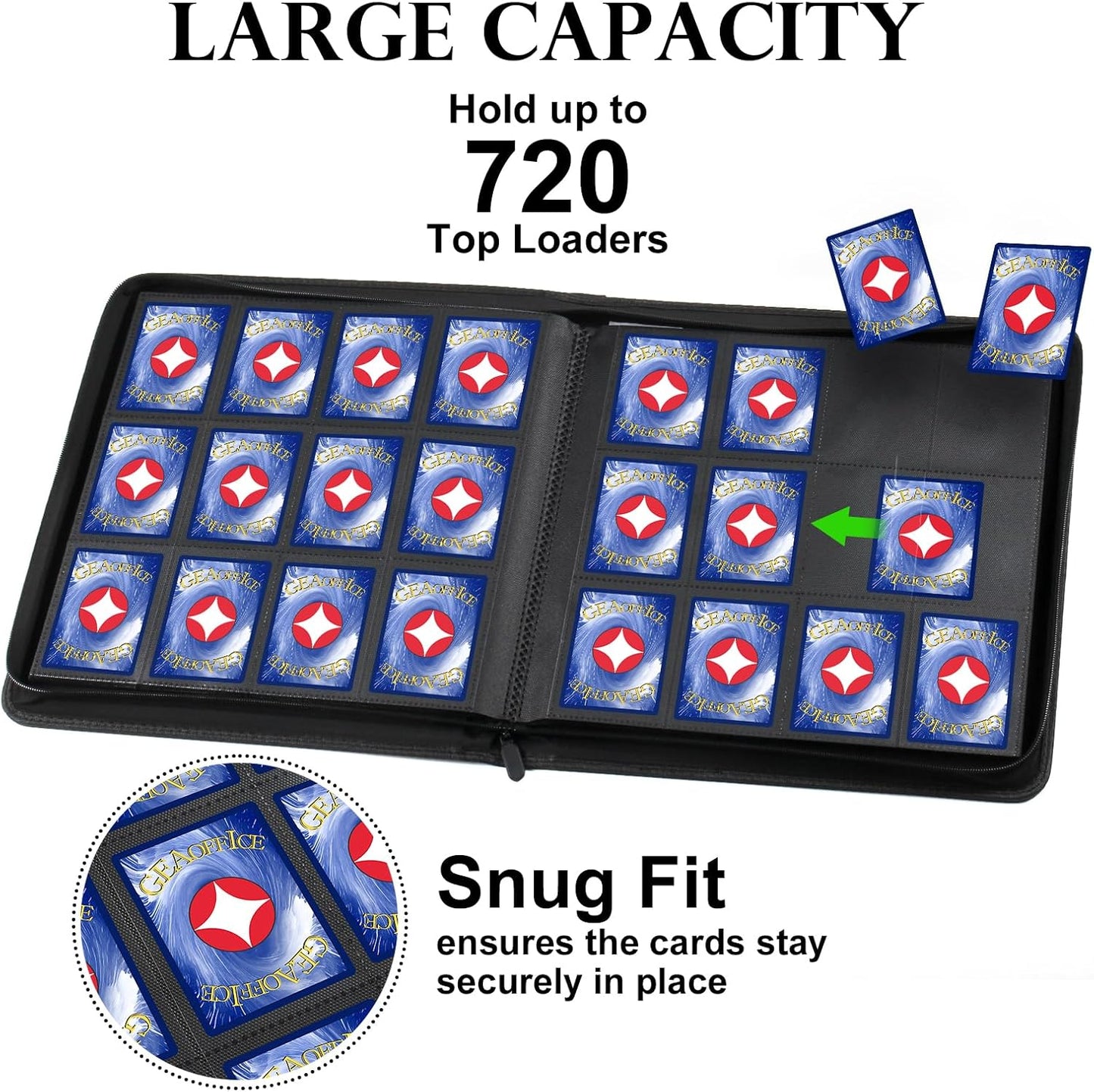 GEAoffice Trading Card Binder 12 Pocket Hold 720 Cards, Premium PU Cover Zipper Collection Binder, Ringless Side Loading Card Album Folder for YuGiOh, MTG, TCG, Game & Sports, Non-PVC, Carbon Black