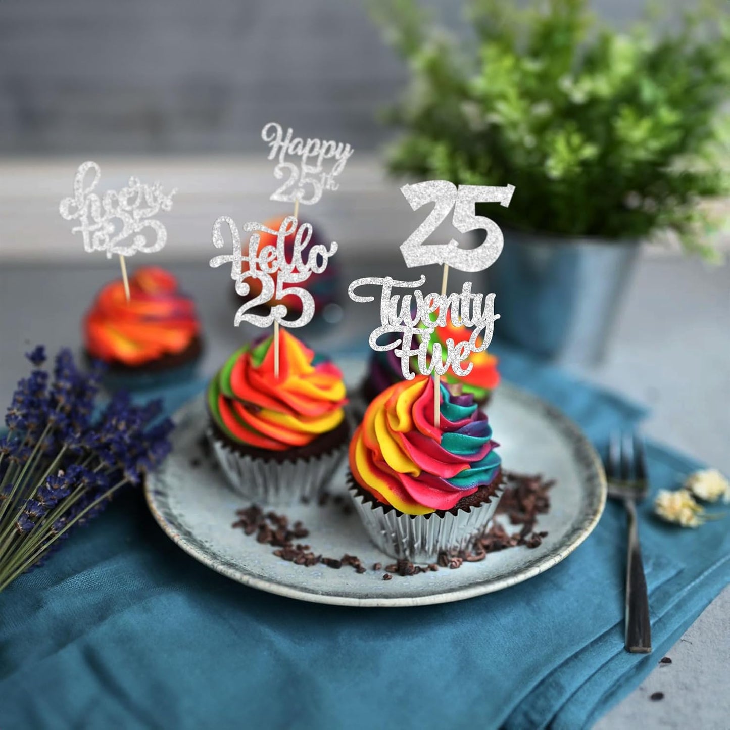 30pcs 25th Birthday Cupcake Toppers - Silver Glitter Cheers to 25 Years Old Cake Decorations for 25th Birthday Anniversary Party Supplies