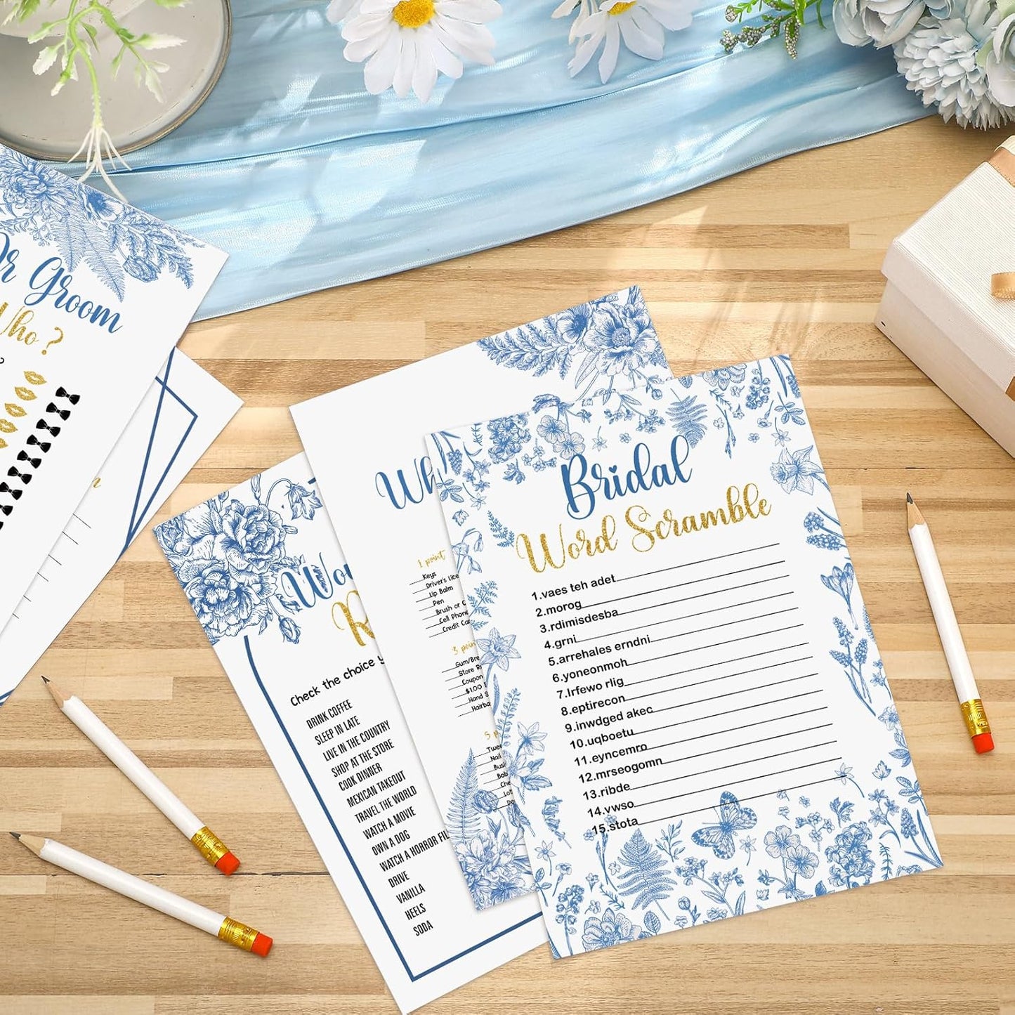 Teling 145 Pieces Bridal Shower Game Bridal Shower Favors Set Wedding Games Cards and Pencils for Bride Groom Bachelorette Party Wedding Party Favor (Blue Floral Style)