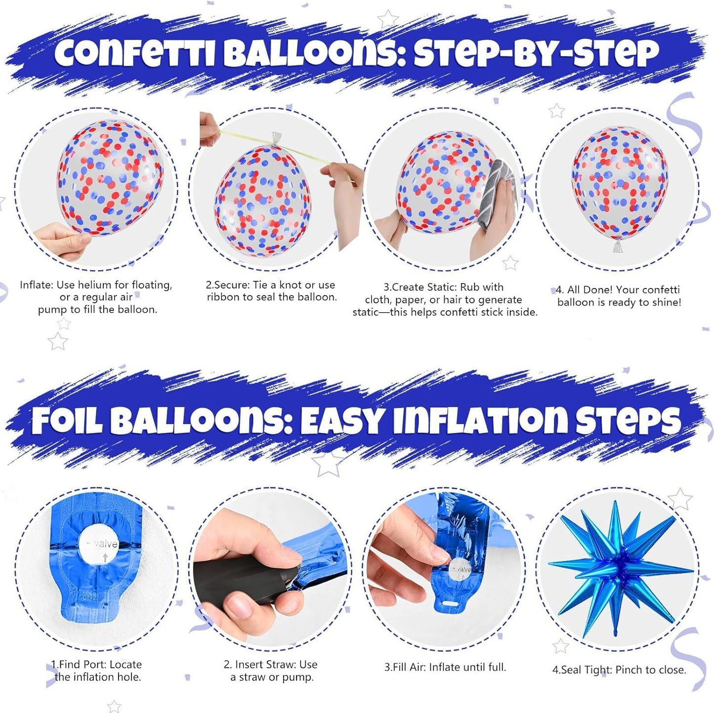 Red Blue Black Balloons, 12 Inch Black Red Royal Blue Metallic Silver Confetti Balloons with Star Foil Balloon for Man Boys Birthday Party Baby Shower Graduation Party Decoration