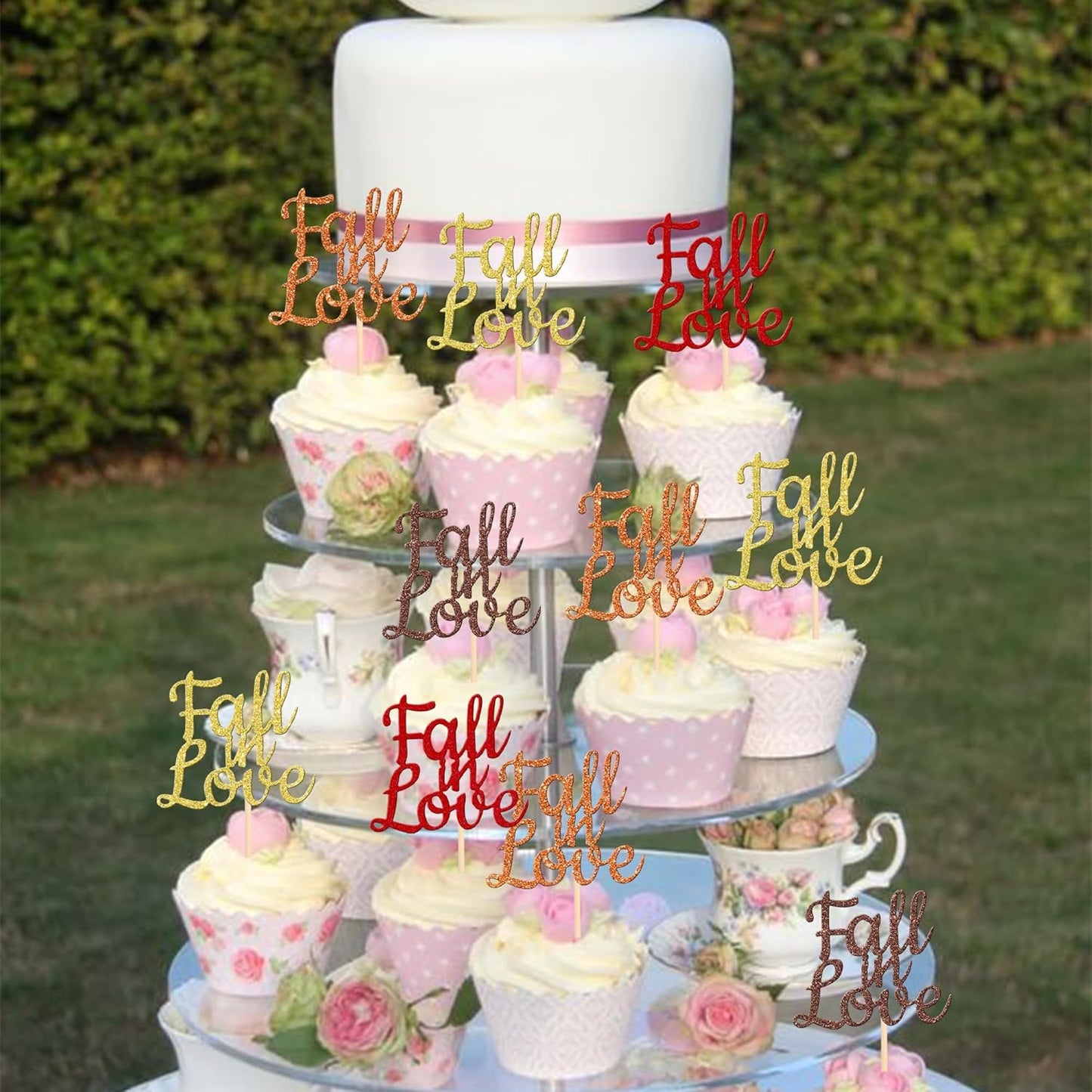 24 PCS Fall in Love Cupcake Toppers Glitter Fall Theme Bridal Shower Cupcake Picks for Autumn Wedding Engagement Anniversary Birthday Party Cake Decorations Supplies Colorful