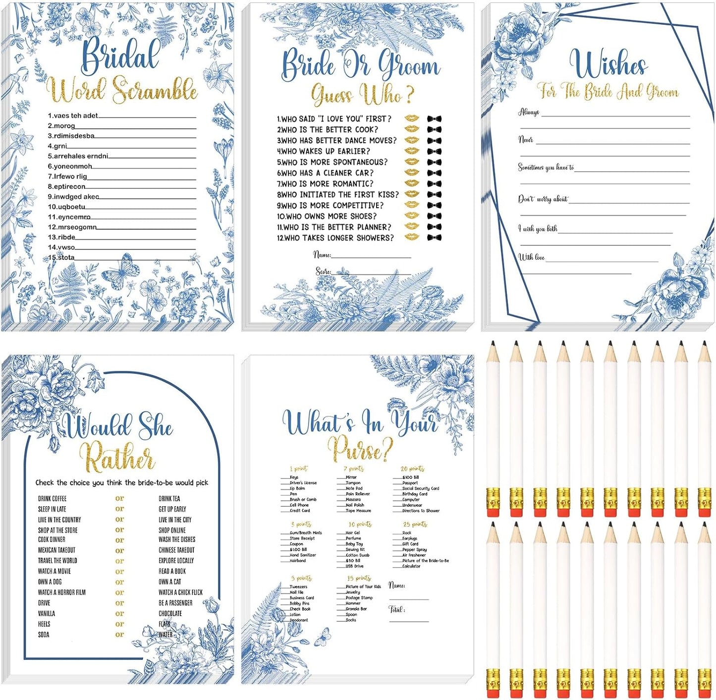 Teling 145 Pieces Bridal Shower Game Bridal Shower Favors Set Wedding Games Cards and Pencils for Bride Groom Bachelorette Party Wedding Party Favor (Blue Floral Style)