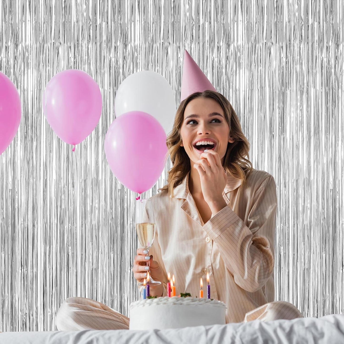 8 Pack Silver Backdrop, 3.28 FT x 7.05 FT Birthday Backdrop, Metallic Silver Tinsel Curtain Disco Party Streamer, Bachelorette Party Decorations Birthday Photo Booth Props