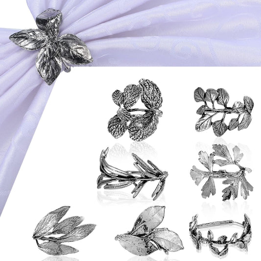 Cunhill 8 Pieces Herb Napkin Rings Set Vintage Leaf Napkin Holders Rings Glossy Holder Adornment Metal Table for Graduation Holidays Wedding Graduation Party Decor Everyday Use(Silver)