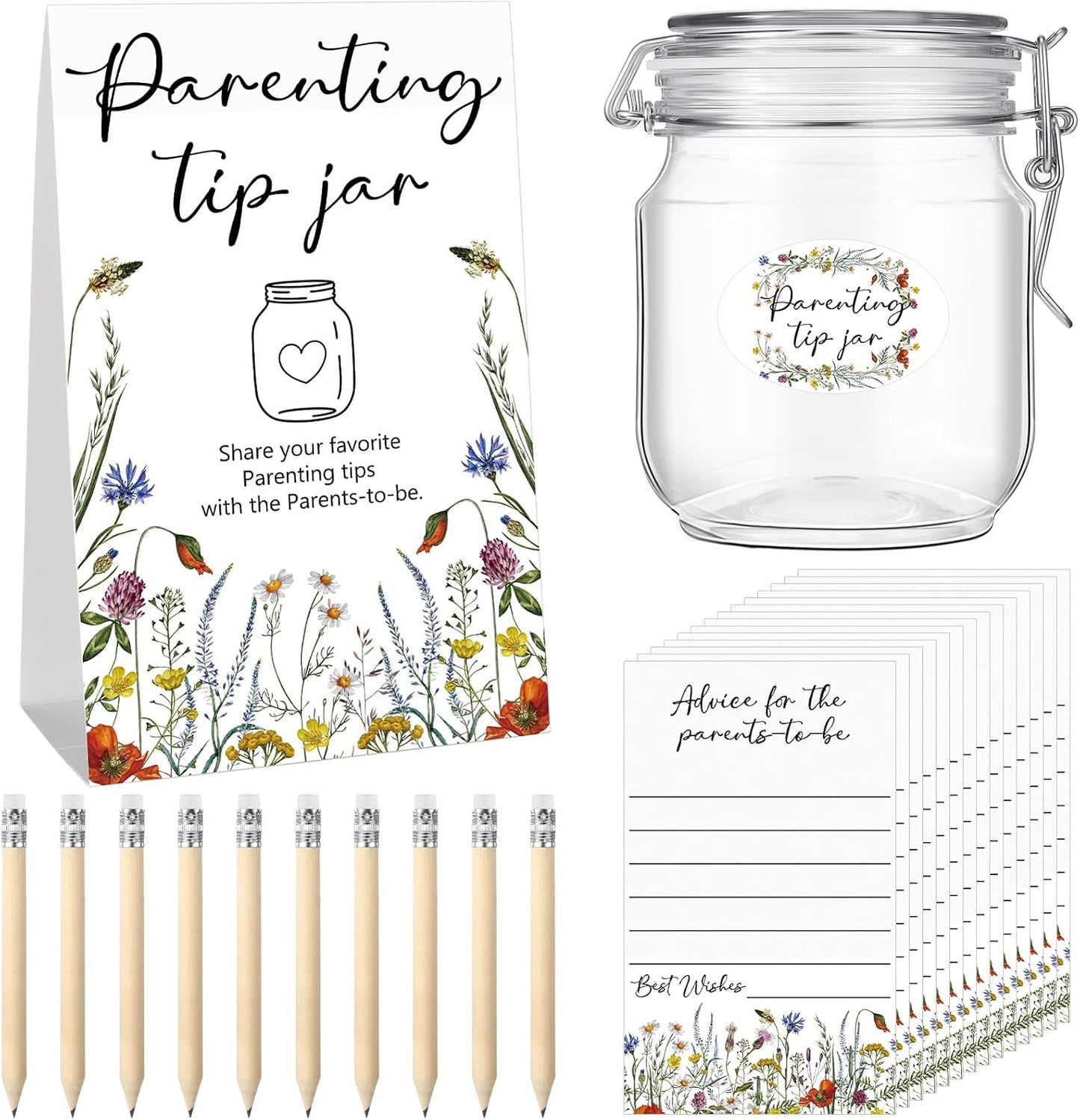 Roowest Baby Shower to Baby Advice Cards for New Parents to Be - Tip Jar Sign for New Parents 60 Parenting Advice Cards 10 HB Pencils 2 Cute Stickers 1 Pet Bottle for Guests Games(Wild Flower)