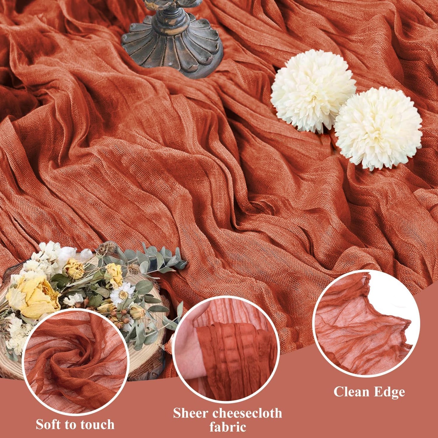 Asee'm 6pcs Cheesecloth Table Runner 120 Inches Long Terracotta Boho Gauze Cheese Cloth Runner 10FT Rustic Sheer Fall Table Runners for Thanksgiving Christmas Wedding Party Baby Shower Decoration