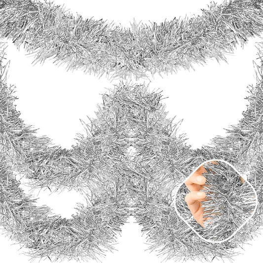 50 Feet Silver Christmas Tinsel Garland, Metallic Foil Twist Garland Wall Hanging Tinsel Banner Backdrop for Parade Floats, Easter, Mother's Day, Wedding Party Decorations (2in x 50ft)