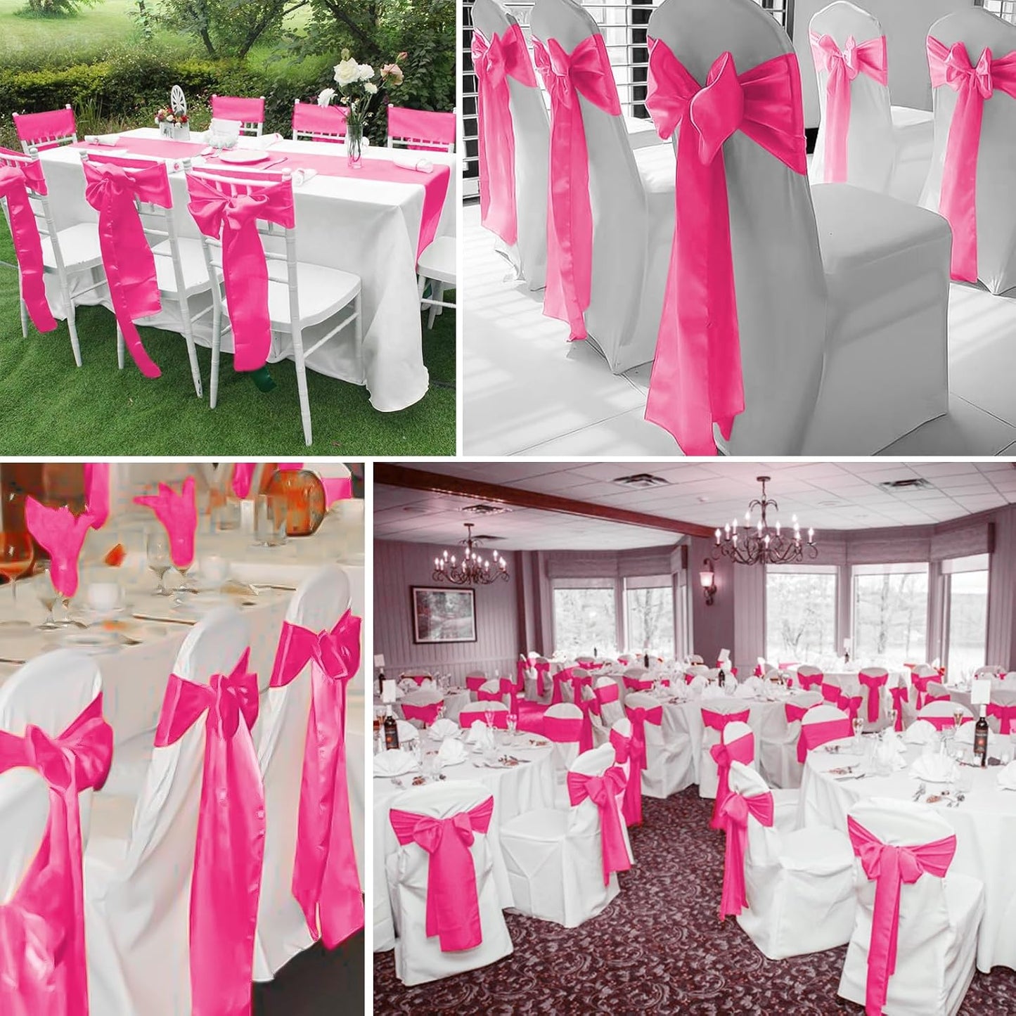 60 PCS Hot Pink Satin Chair Sashes Bows Universal Chair Cover for Wedding Reception Restaurant Event Decoration Banquet,Party,Hotel Event Decorations (7 x 108 inch)