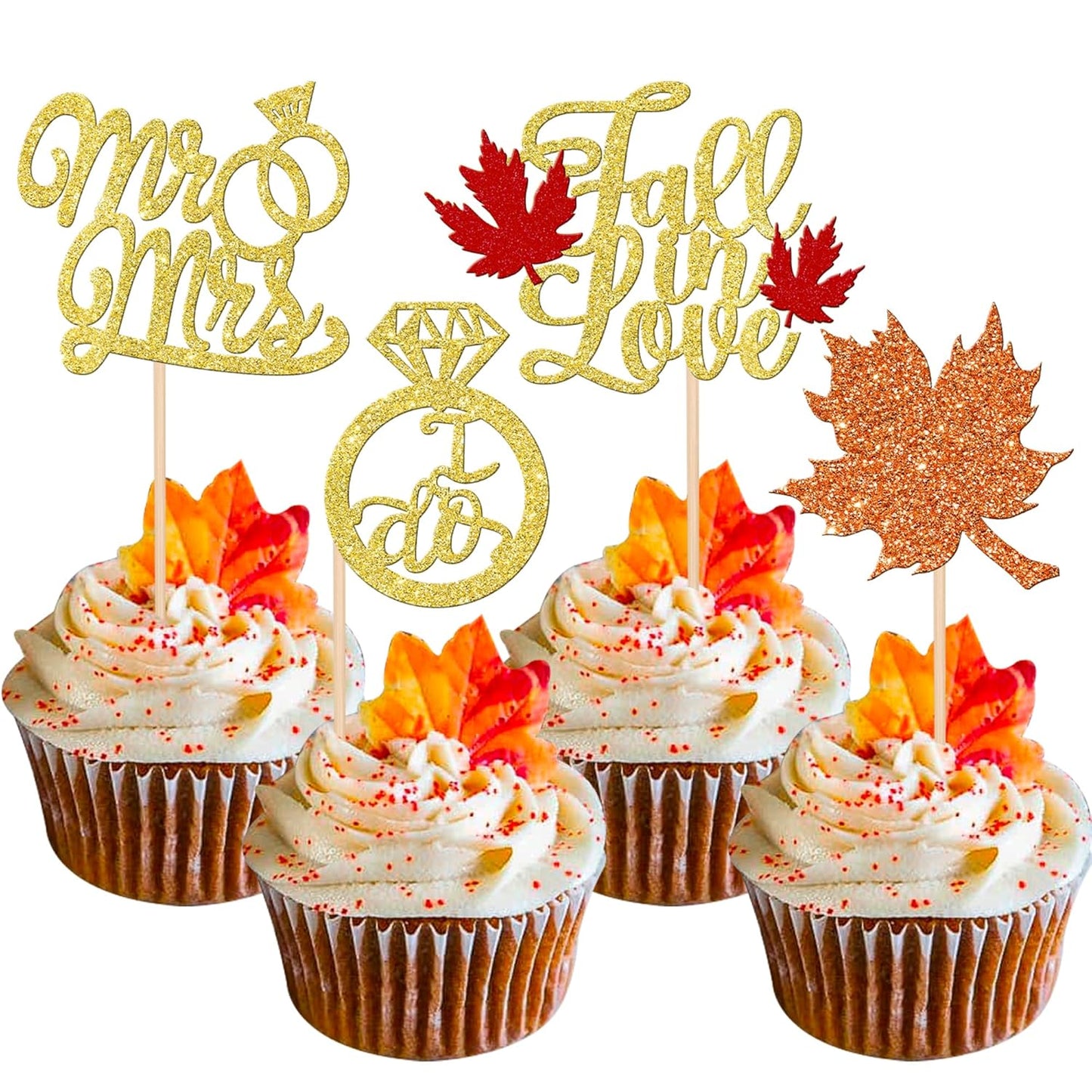 24 PCS Fall in Love Cupcake Toppers Glitter Maple Leaf Cupcake Picks Mr & Mrs Diamond I Do Cupcake Decorations for Autumn Wedding Engagement Bridal Shower Theme Party Cake Decorations Supplies