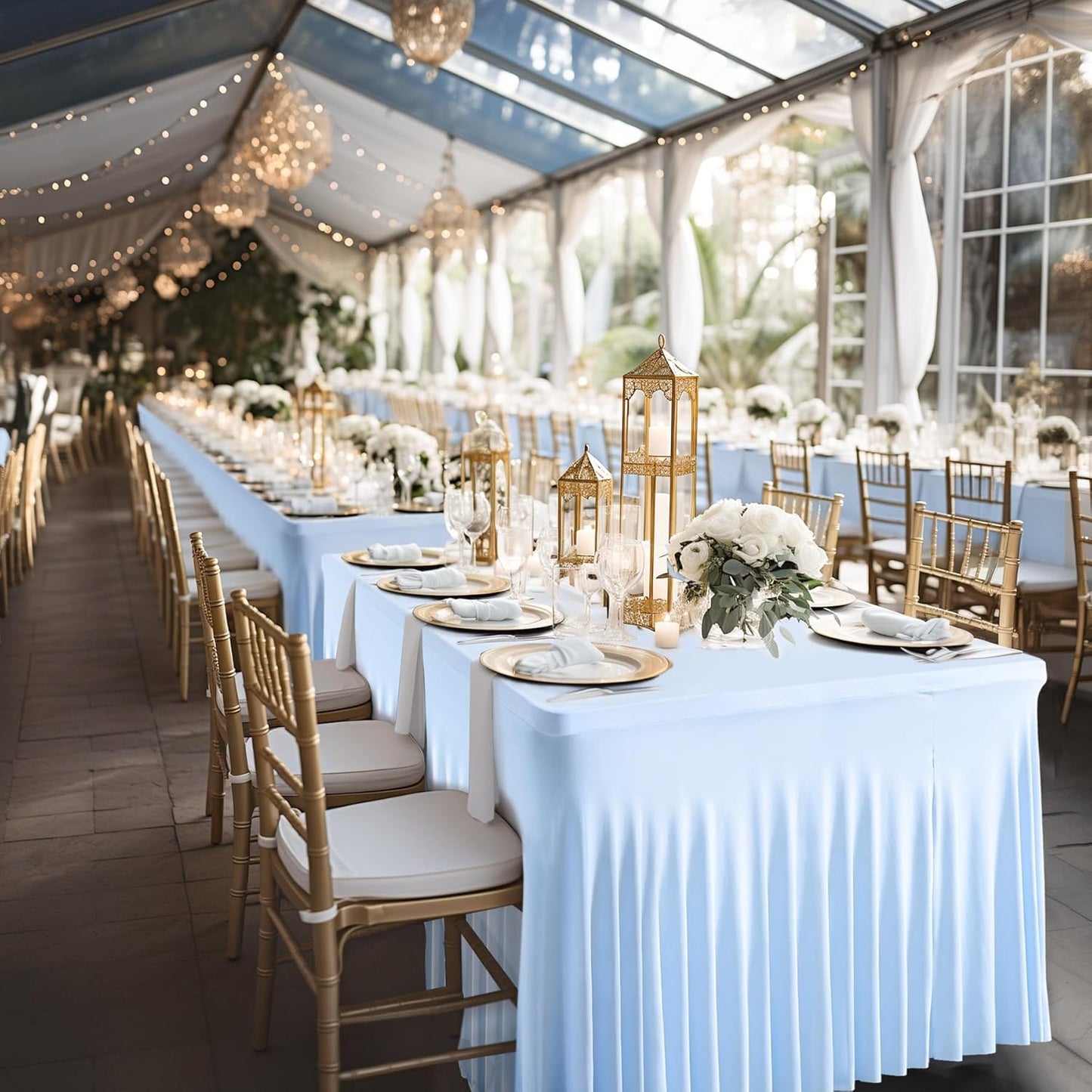 2 Pack Baby Blue Spandex Table Clothes for 6 Foot Rectangle Tables, 6FT Wrinkle Free Fitted Tablecloths Ruffles Design Table Cover for Party, Banquet, Wedding and Events