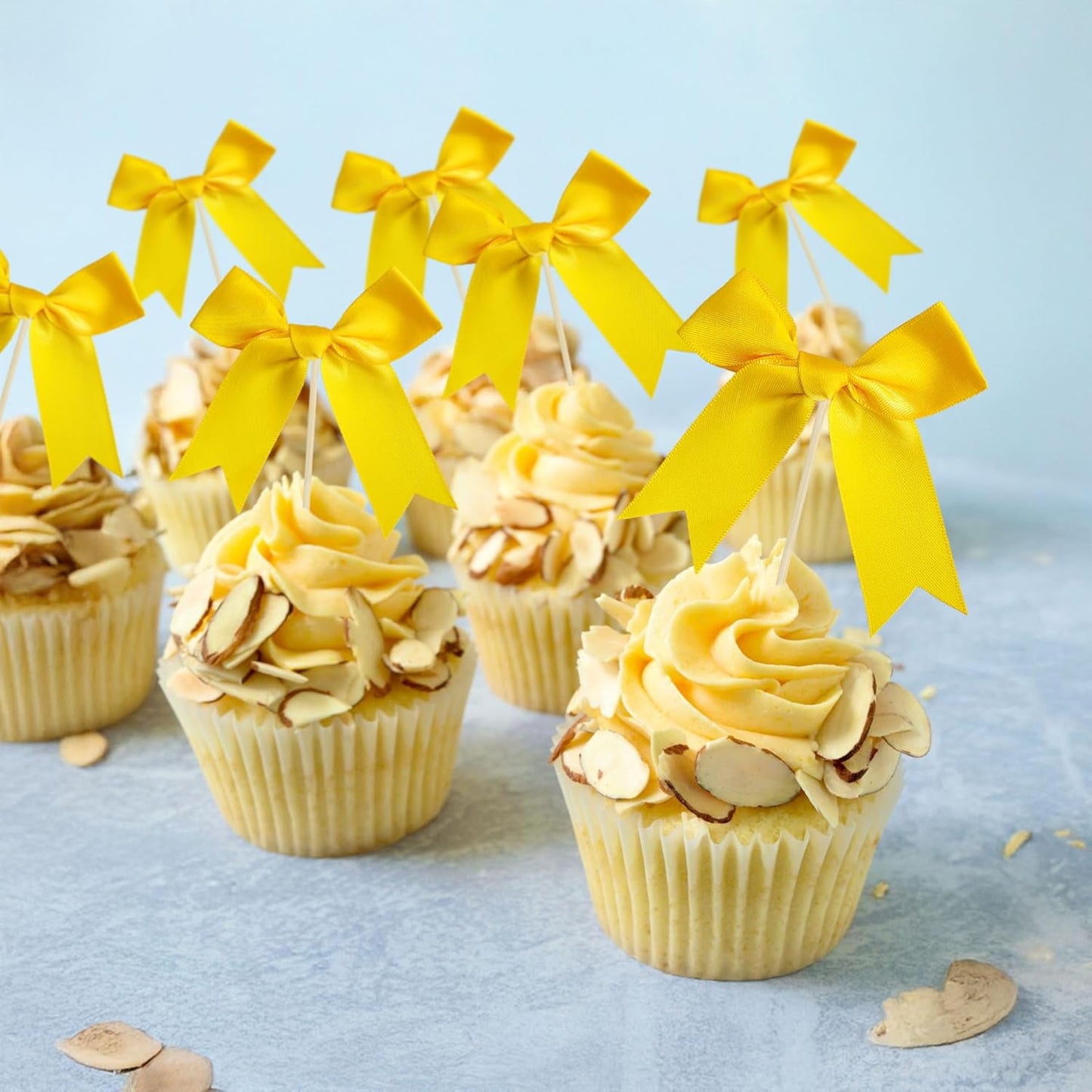 Ephlyn 24Pcs Yellow Bow Cupcake Toppers Bow Cake Topper Birthday Decorations Mini Bowknot Cupcake Picks for Coquette Theme Party Decoration Bachelorette Bridal Engagement Wedding Party Yellow